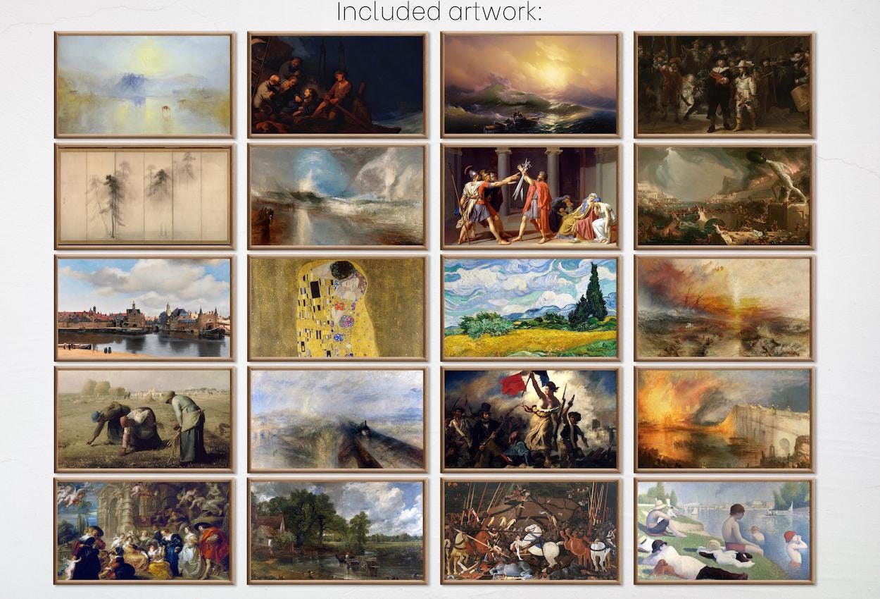 Included artwork preview showing first selection of artworks from Frame TV Art History Gallery Wall Set. Vintage Classic Art by Claude Monet, Van Gogh, Gustav Klimt... Antique Oil Painting, Renaissance Art.