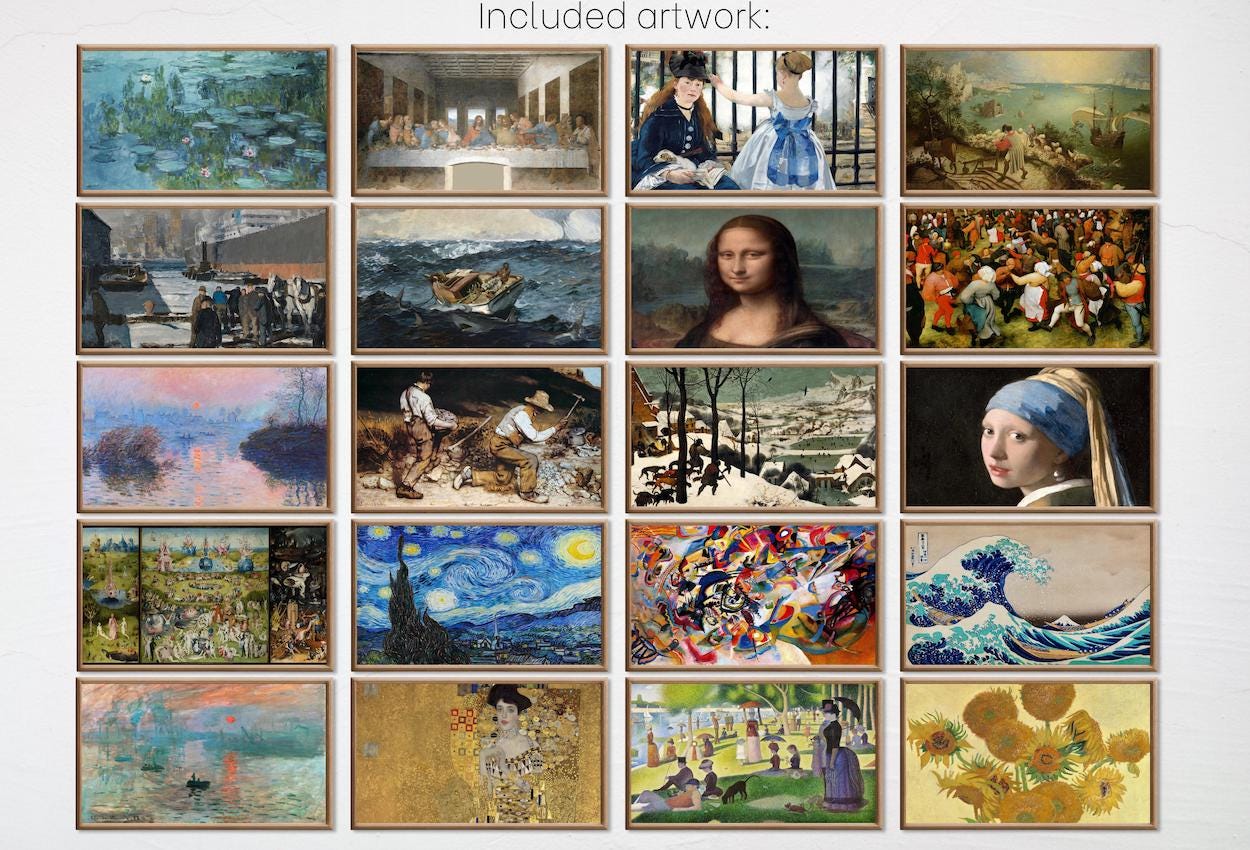 Second included artwork preview from Frame TV Art History Gallery Wall Set. Vintage Classic Art by Claude Monet, Van Gogh, Gustav Klimt... Antique Oil Painting, Renaissance Art featuring various scenes.