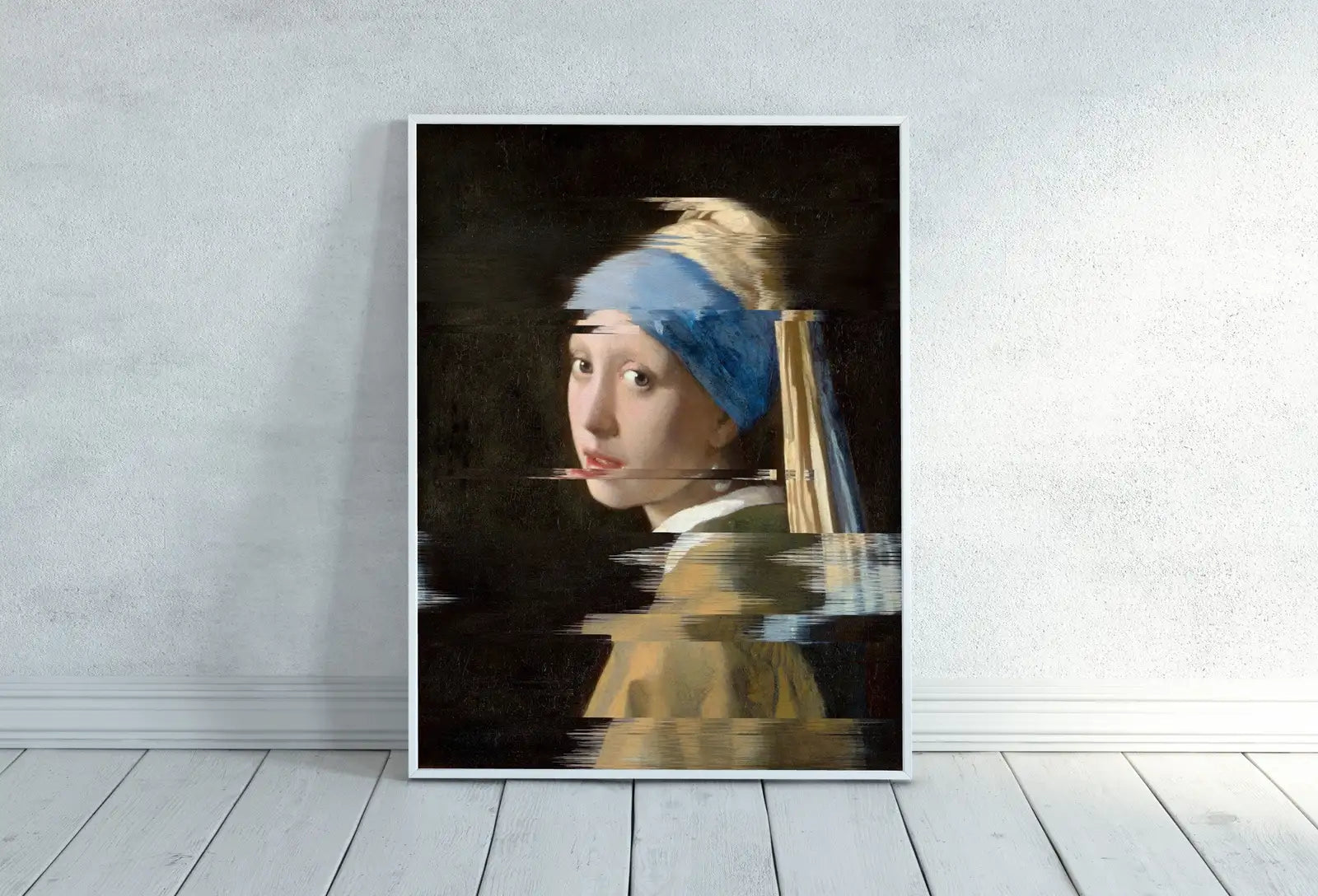 Glitch art - Classiques de la peinture altérés : Ensemble de deux impressions modifiées de la Jeune Fille à la perle et de la Joconde, des classiques célèbres en version imprimable.