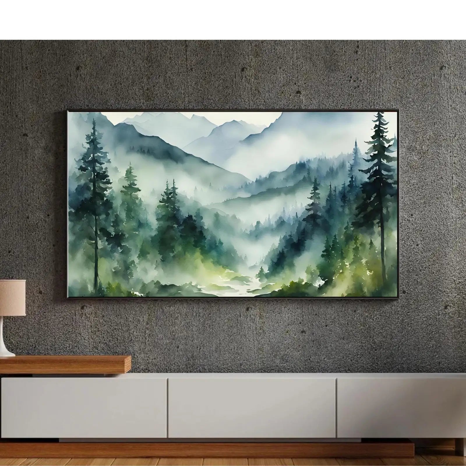 Included artwork preview showing first selection of artworks from Green And Blue Mountain Art For Samsung Frame TV I Watercolor Landscape Nature Design I 4K Wall Art For Home Decor.