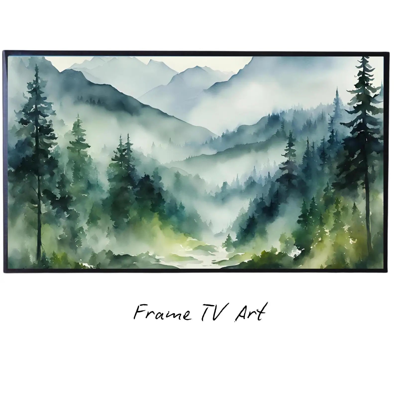 Green And Blue Mountain Art For Samsung Frame TV I Watercolor Landscape Nature Design I 4K Wall Art For Home Decor displayed on Samsung Frame TV on a living room wall.