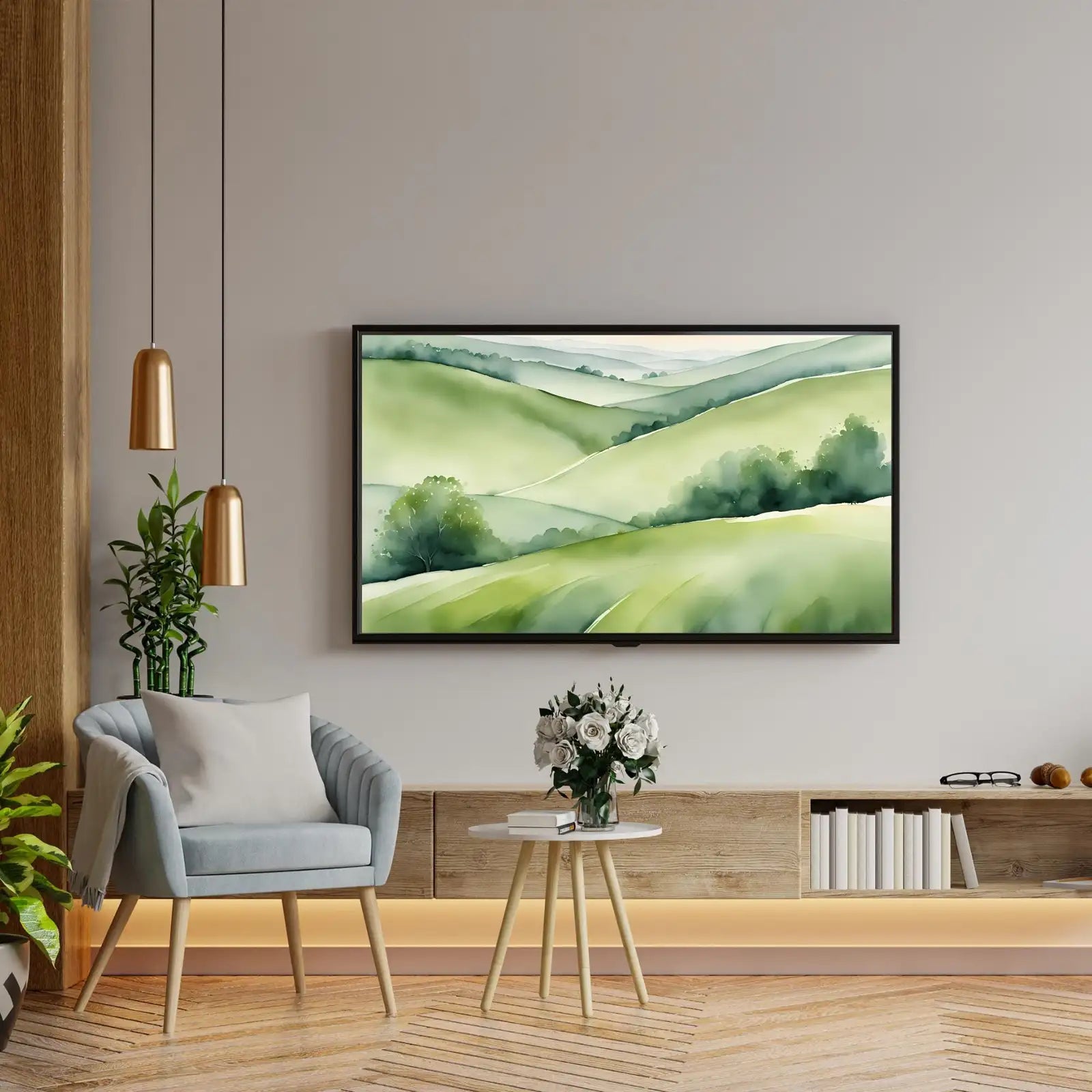 Detail view of artwork from Green Countryside Art For Samsung Frame TV I Minimalist Nature Decor For Frame TV I Watercolor Wall Design For Modern Spaces. (variation 2)