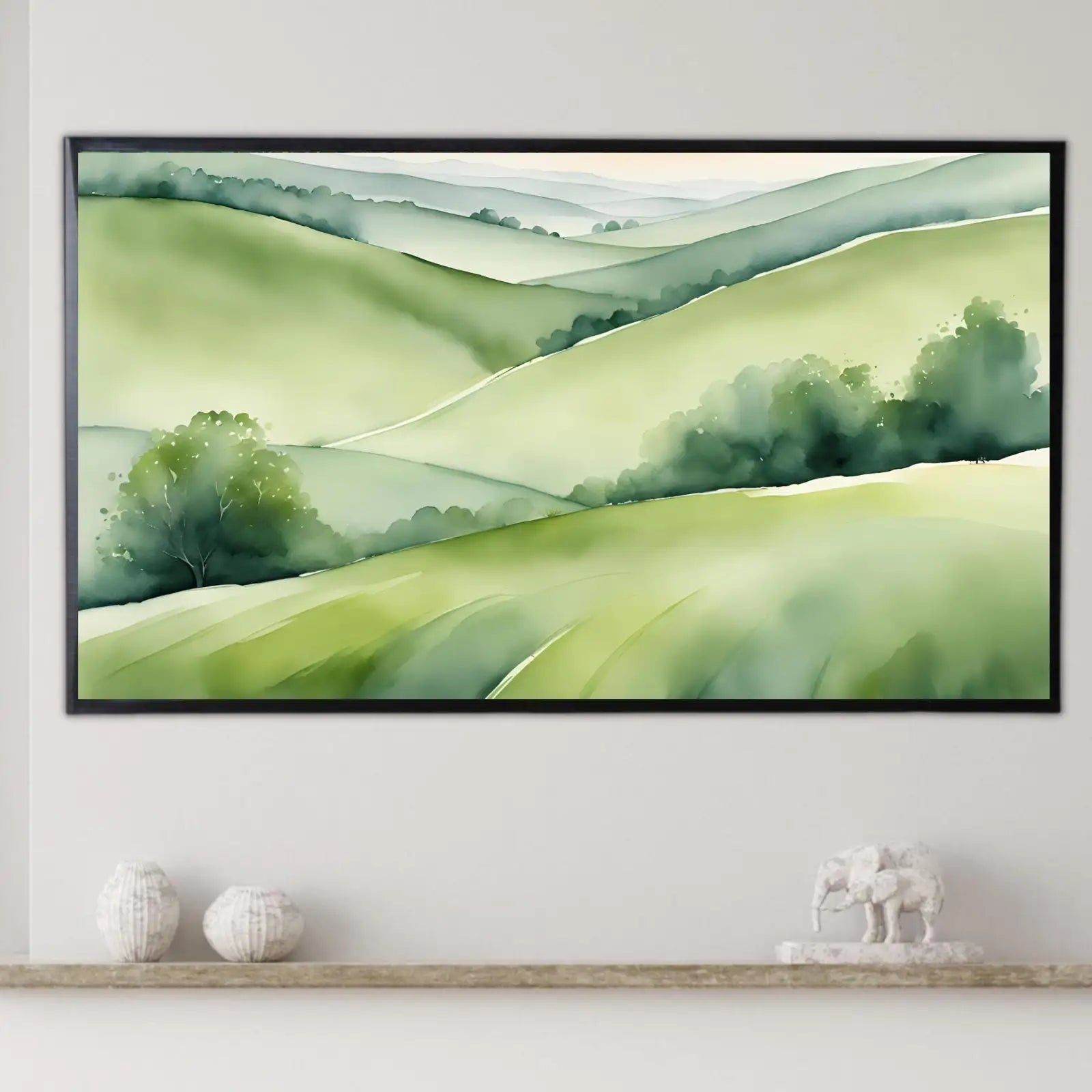 Included artwork preview showing first selection of artworks from Green Countryside Art For Samsung Frame TV I Minimalist Nature Decor For Frame TV I Watercolor Wall Design For Modern Spaces.