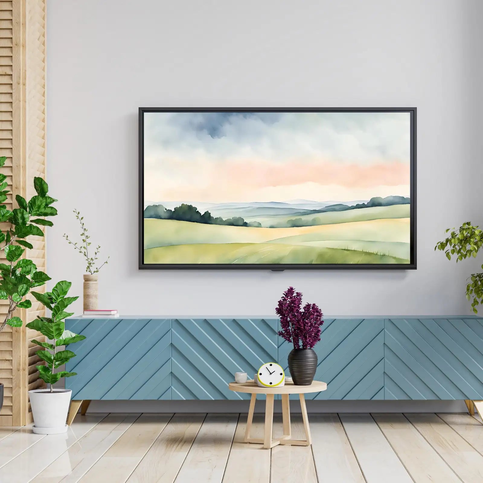 Detail view of artwork from Green Countryside Landscape Art. Frame TV 4K Decor. Minimalist Design Wall Art.. (variation 1)