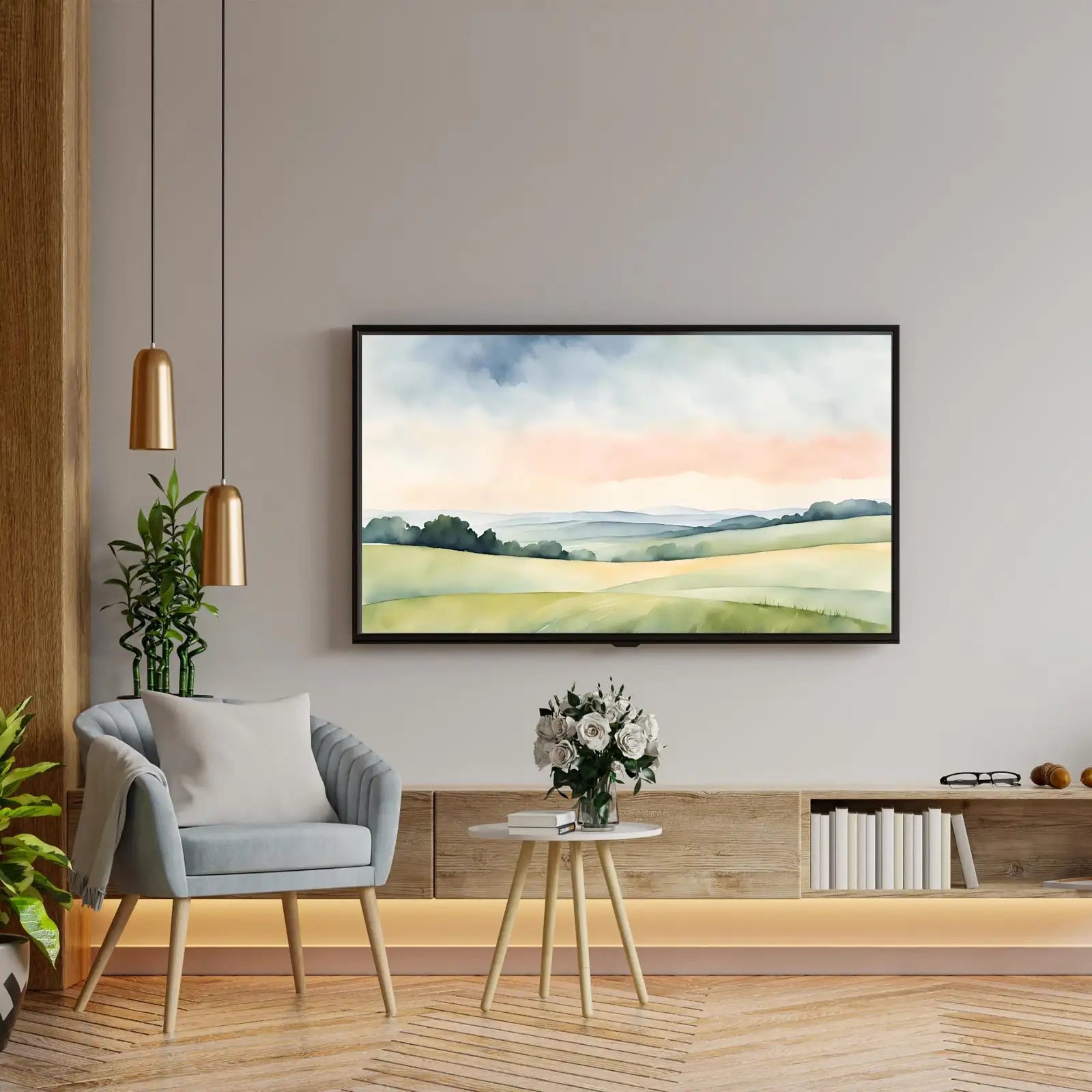 Detail view of artwork from Green Countryside Landscape Art. Frame TV 4K Decor. Minimalist Design Wall Art.. (variation 2)