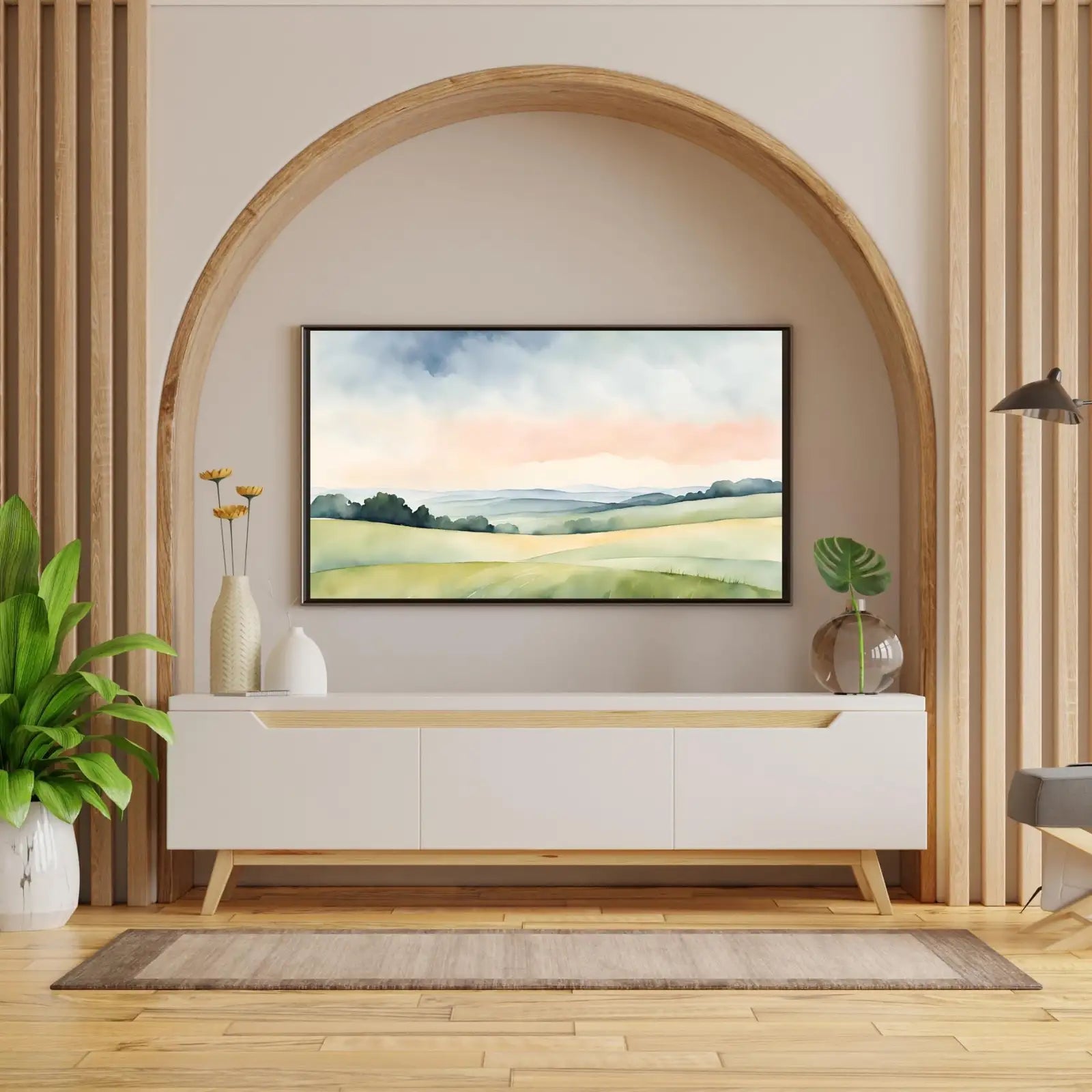 Detail view of artwork from Green Countryside Landscape Art. Frame TV 4K Decor. Minimalist Design Wall Art.. (variation 3)