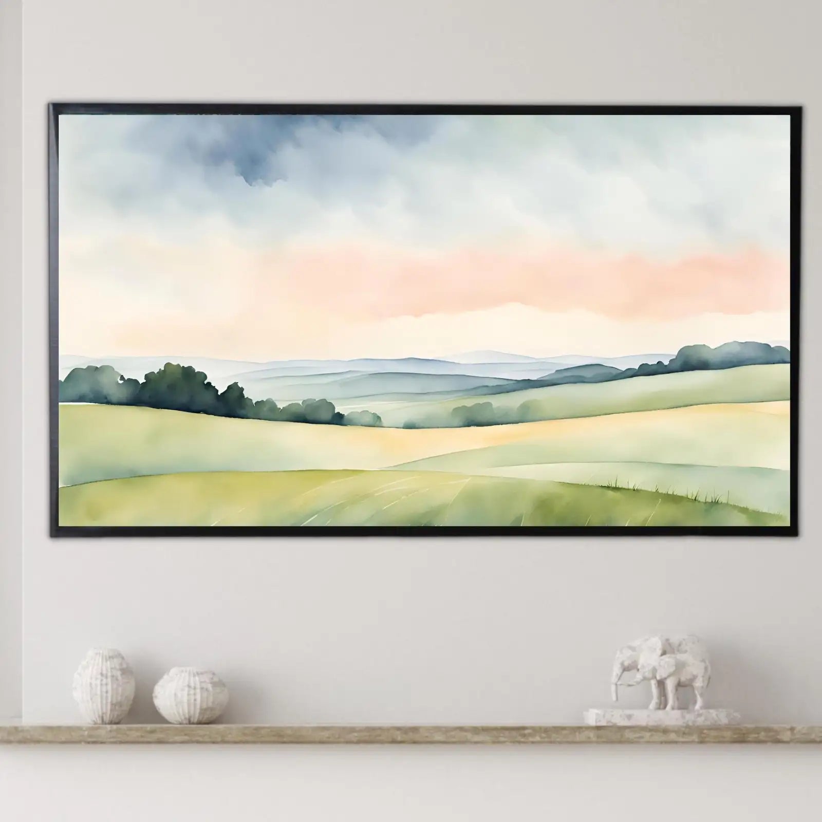 Included artwork preview showing first selection of artworks from Green Countryside Landscape Art. Frame TV 4K Decor. Minimalist Design Wall Art..