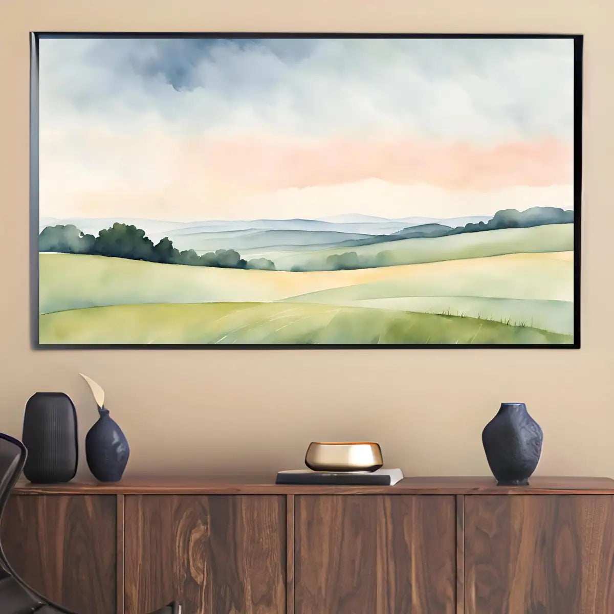 Detail view of artwork from Green Countryside Landscape Art. Frame TV 4K Decor. Minimalist Design Wall Art.. (variation 5)
