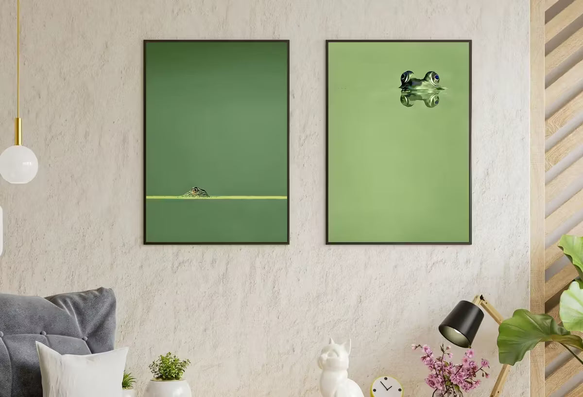 Green Frog Sitting in Pond Set of 2 Prints. Frog Art Print Instant Download Green Animal Printable Wall Art. 2 Piece Wall Art Home Decor – Printable Wall Art Set