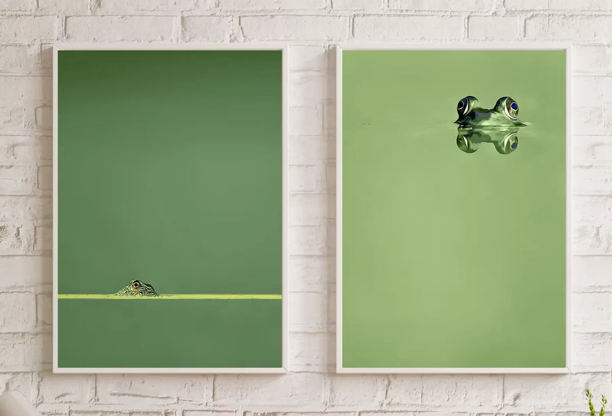 Green Frog Sitting in Pond Set of 2 Prints. Frog Art Print Instant Download Green Animal Printable Wall Art. 2 Piece Wall Art Home Decor – Printable Wall Art Set