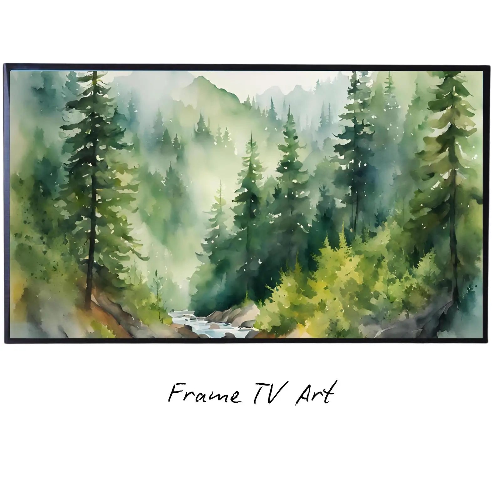 Green Mountain Forest Art I Nature Decor for Frame TV I Minimalist Scene 4K Artworks for Home Display displayed on Samsung Frame TV on a living room wall.