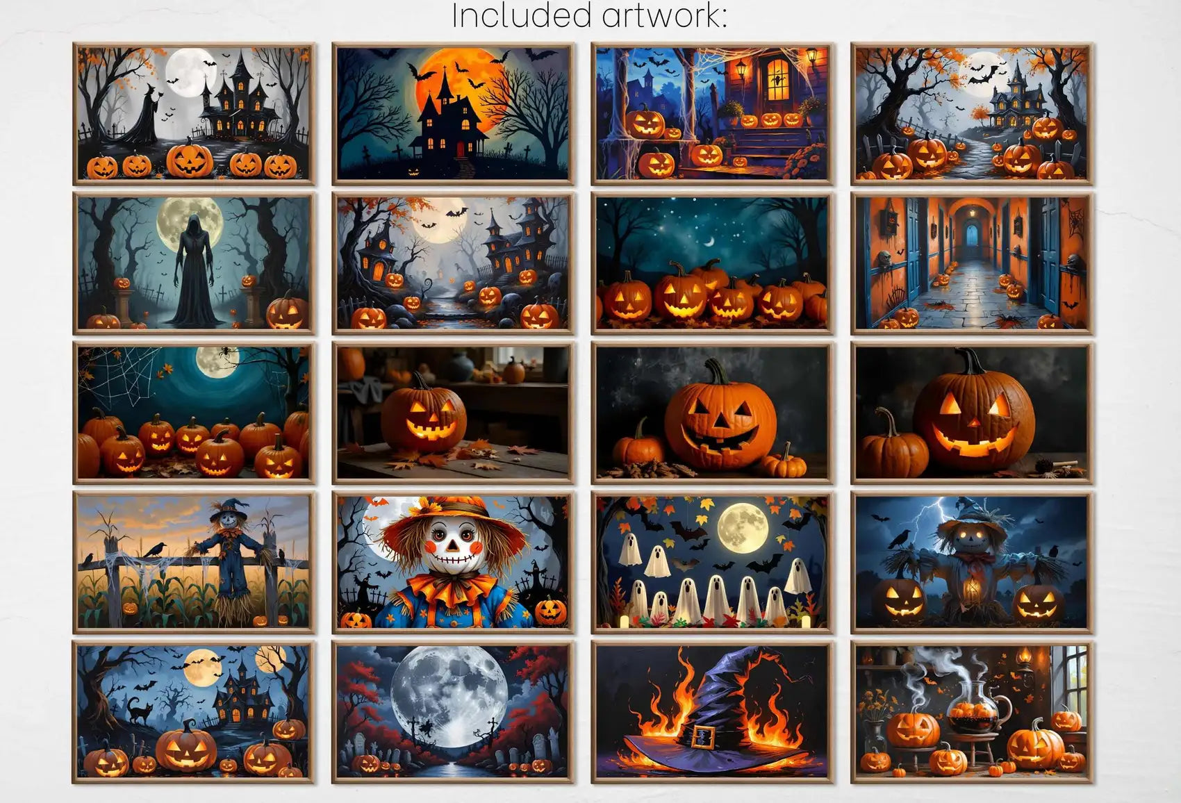 Included artwork preview showing first selection of artworks from Halloween Frame TV Art - Spooky Haunted Mansion Witchy Wall Art, Halloween Decor, Instant Download for Samsung Frame TV.