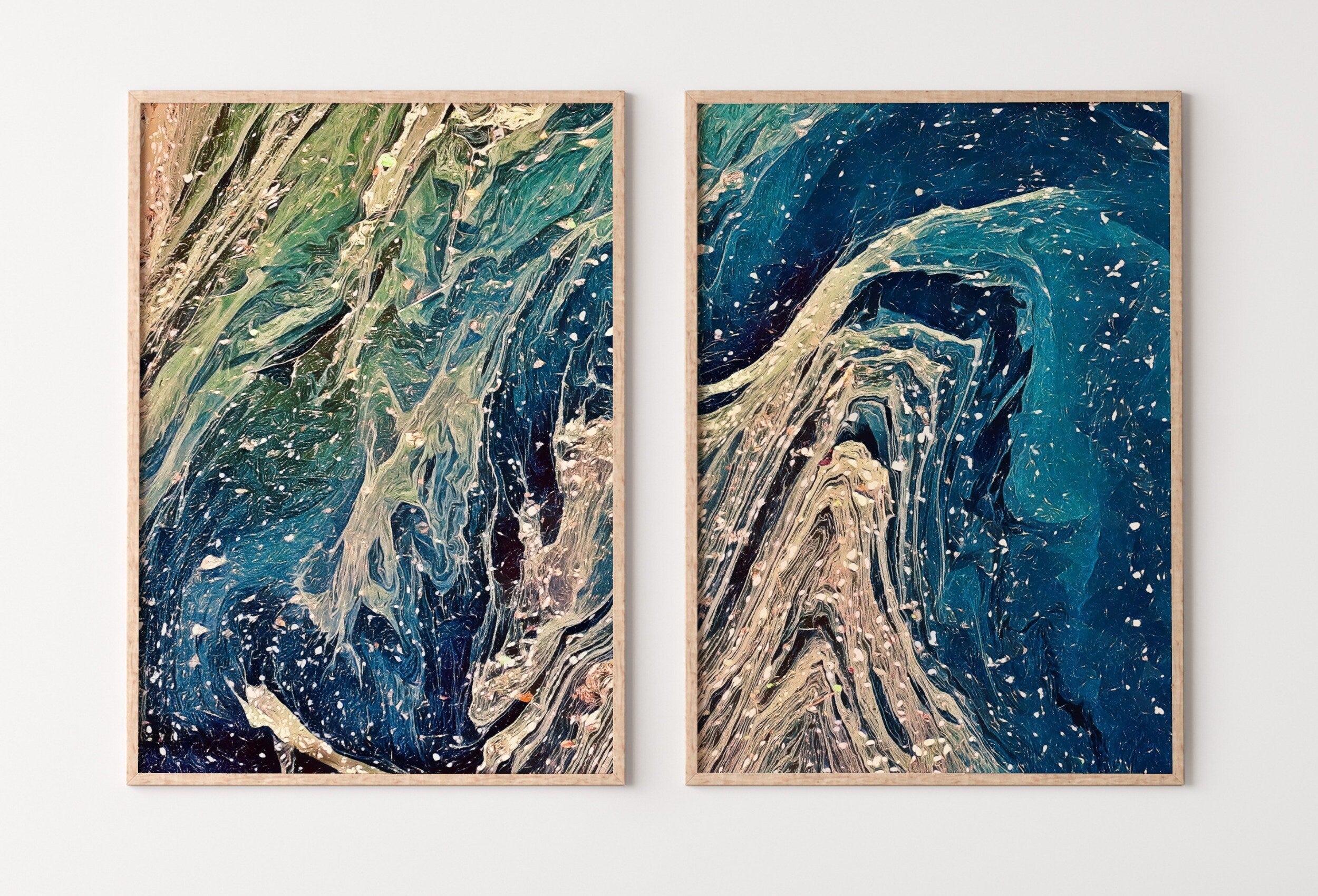 Abstract Wall Art Set of 2 Prints. Fluid Art Painting. Downloadable Prints. Abstract Art Print, Digital Download Blue and Gold Art