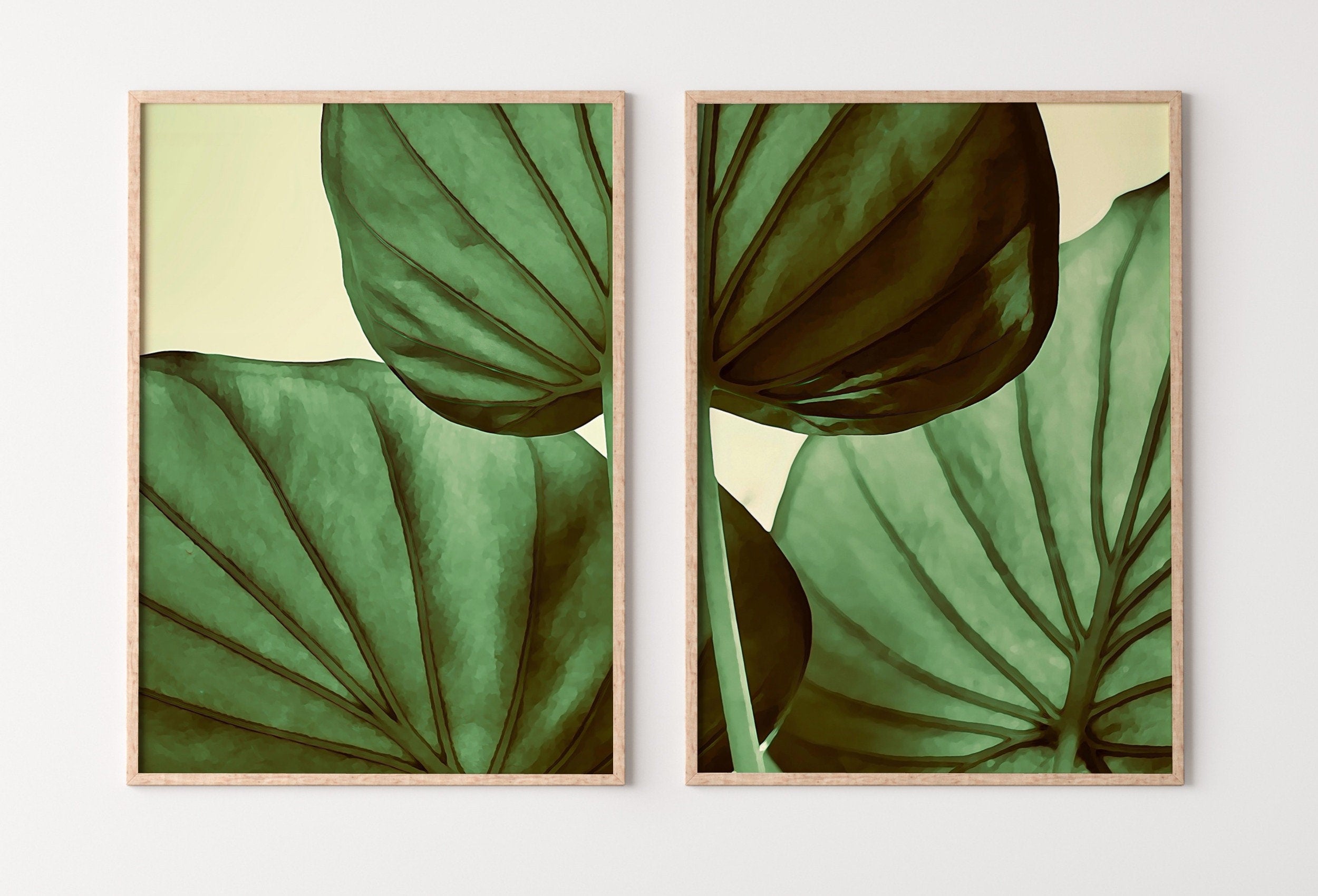 Green Tropical Leaf Set of 2 Prints. Leaf Painting Instant Download Printable Wall Art. Tropical Home Decor 2 Piece Wall Art