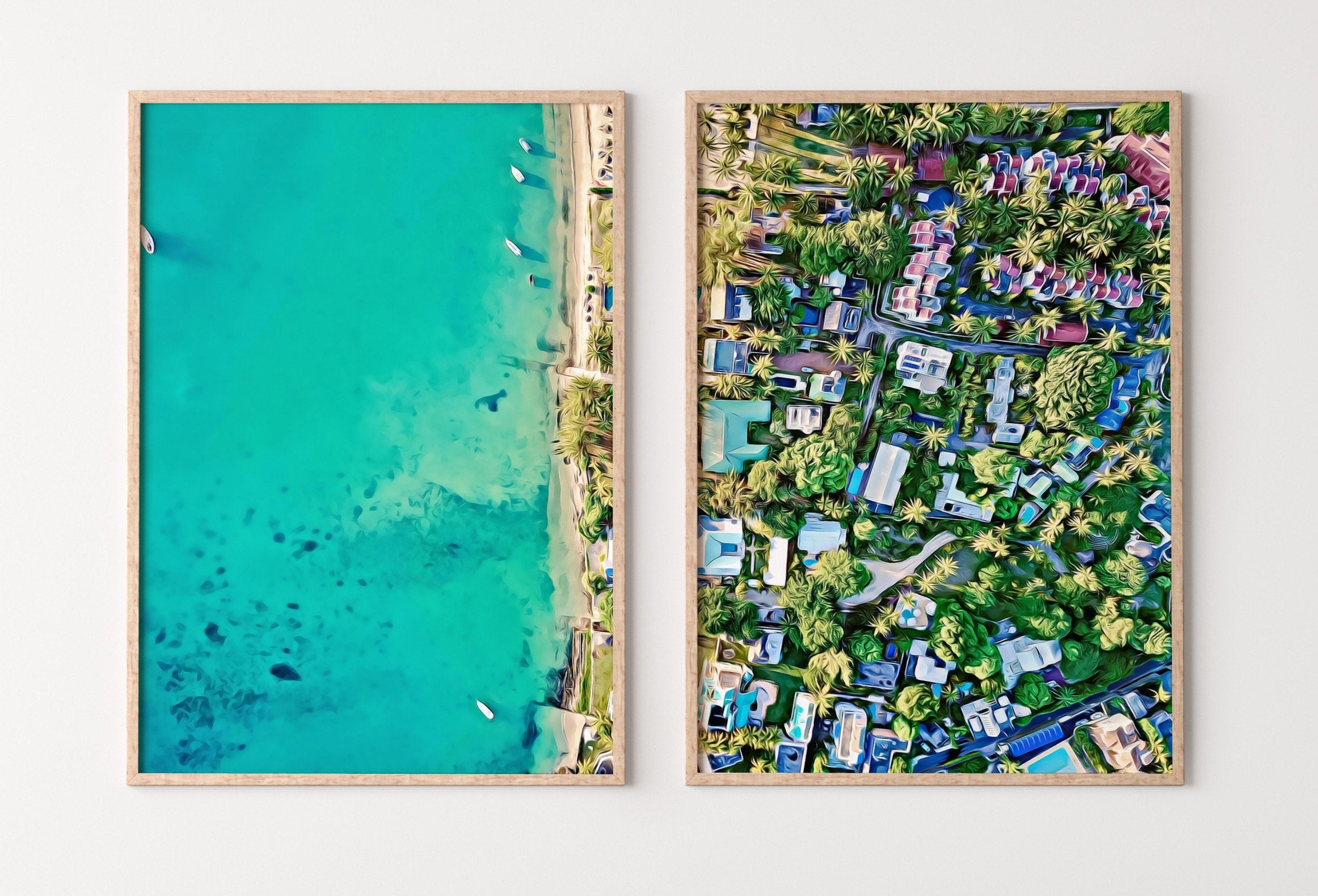 Beach Top Aerial View Set of 2 Prints, Printable Wall Art, Beach Decor Emerald Green Art Prints, Coastal Wall Art Set, Beach House Decor