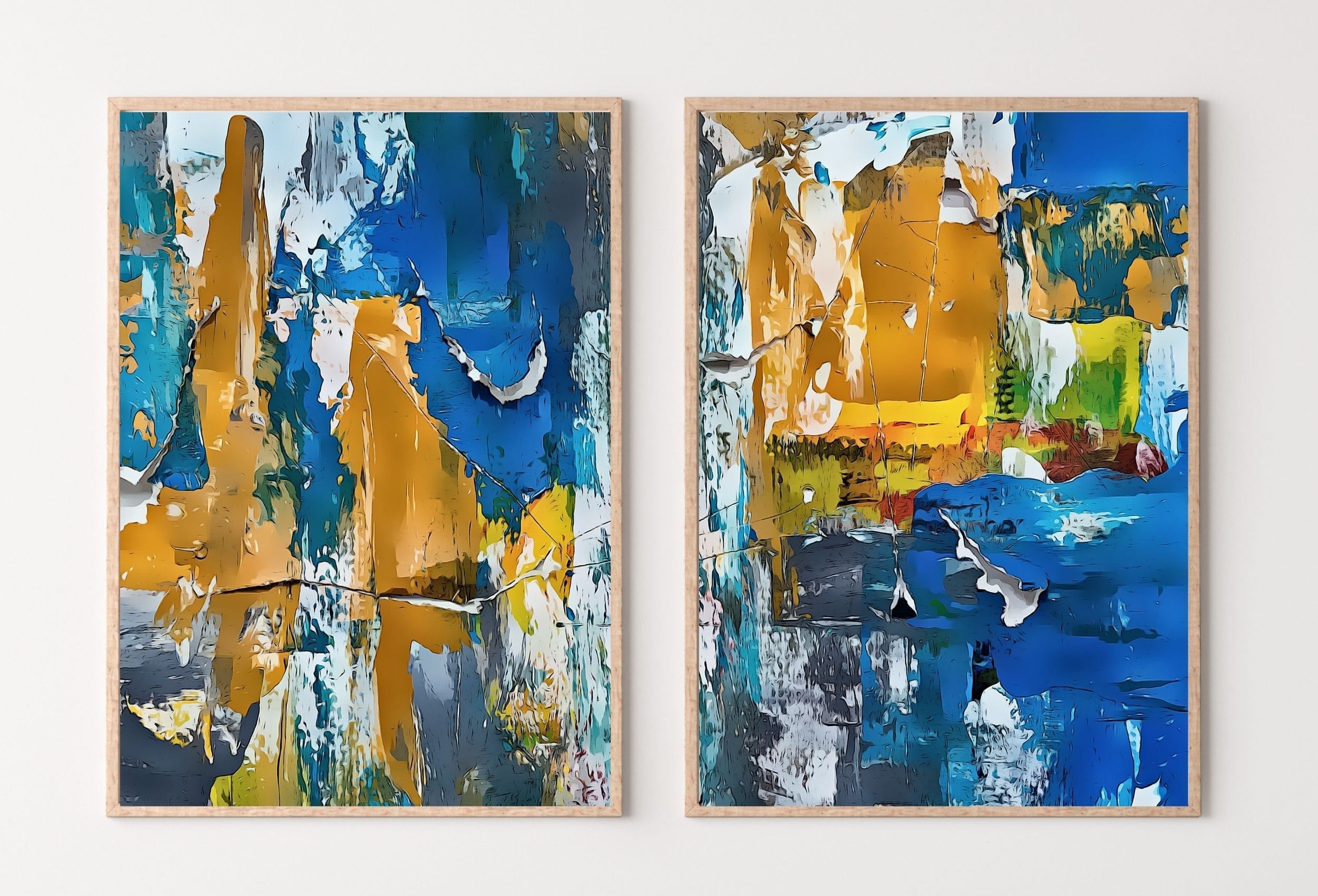 Bold Blue Abstract Painting Set of 2 Prints. Colorful Printable Wall Art, Abstract Digital Download. Modern 2 Piece Wall Art Prints