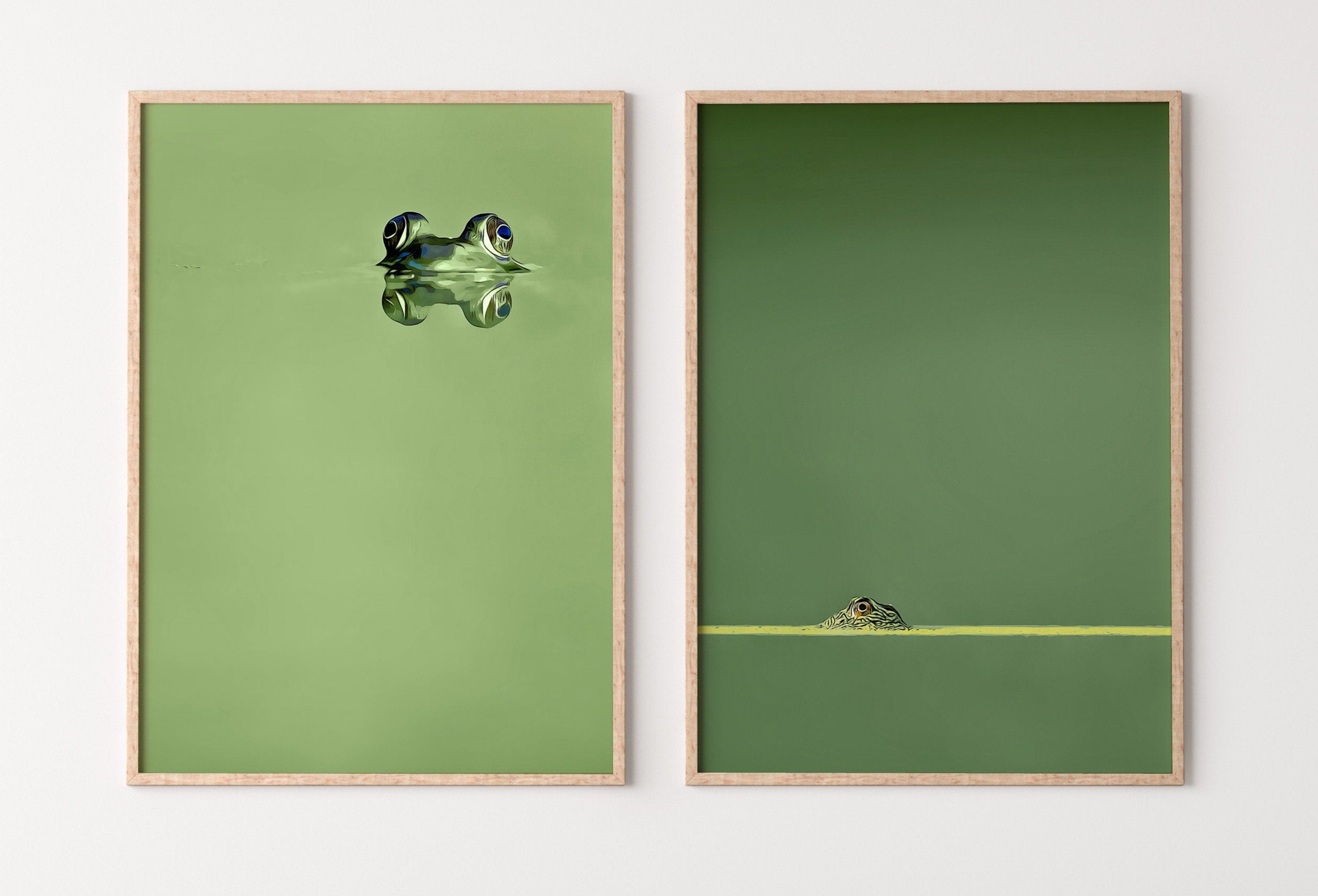 Green Frog Sitting in Pond Set of 2 Prints. Frog Art Print Instant Download Green Animal Printable Wall Art. 2 Piece Wall Art Home Decor