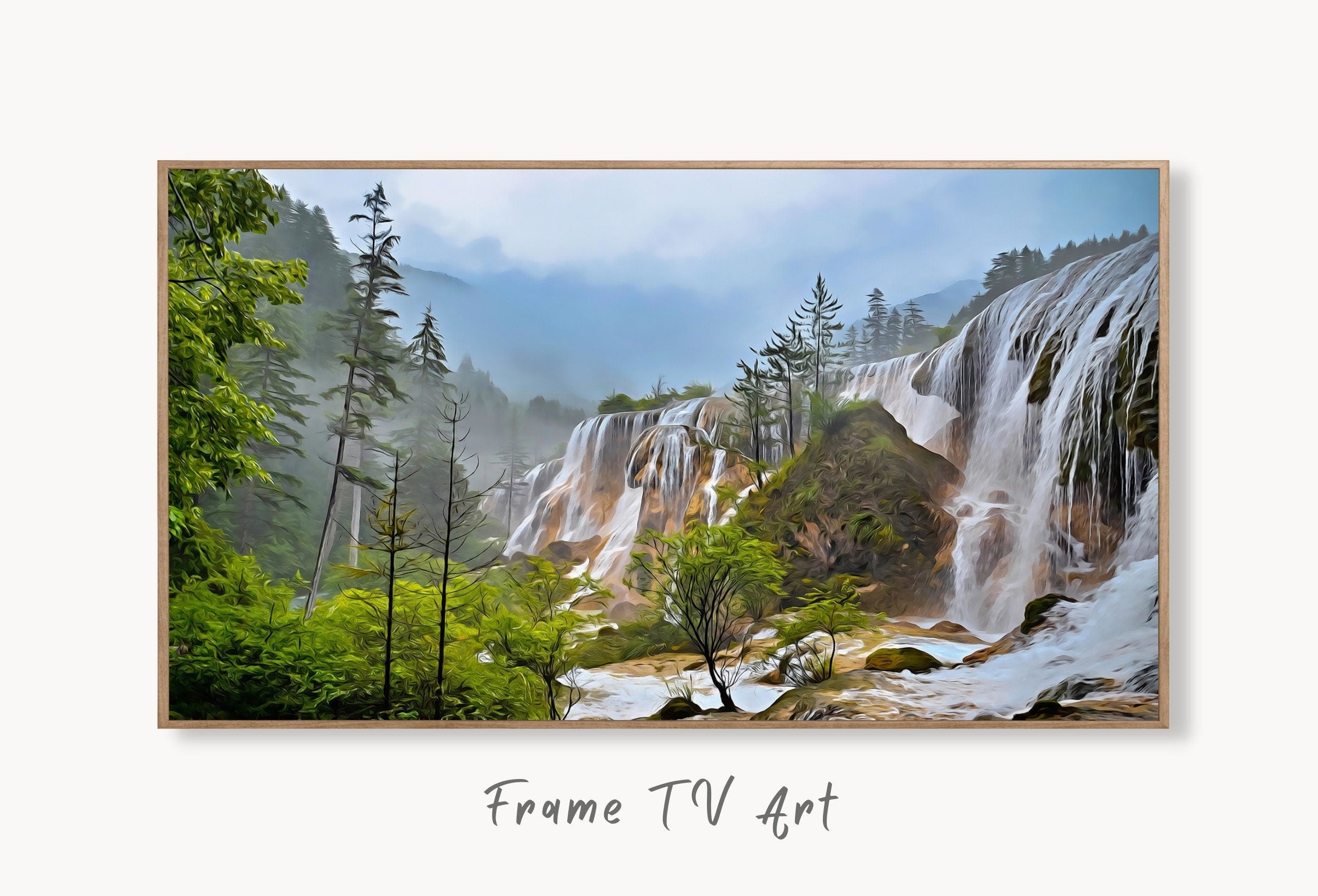 Samsung Frame TV Art 4K Row of Waterfalls in Forest Digital Painting. Instant Download Art for TV. Colorful Frame TV Art. Nature Wall Art