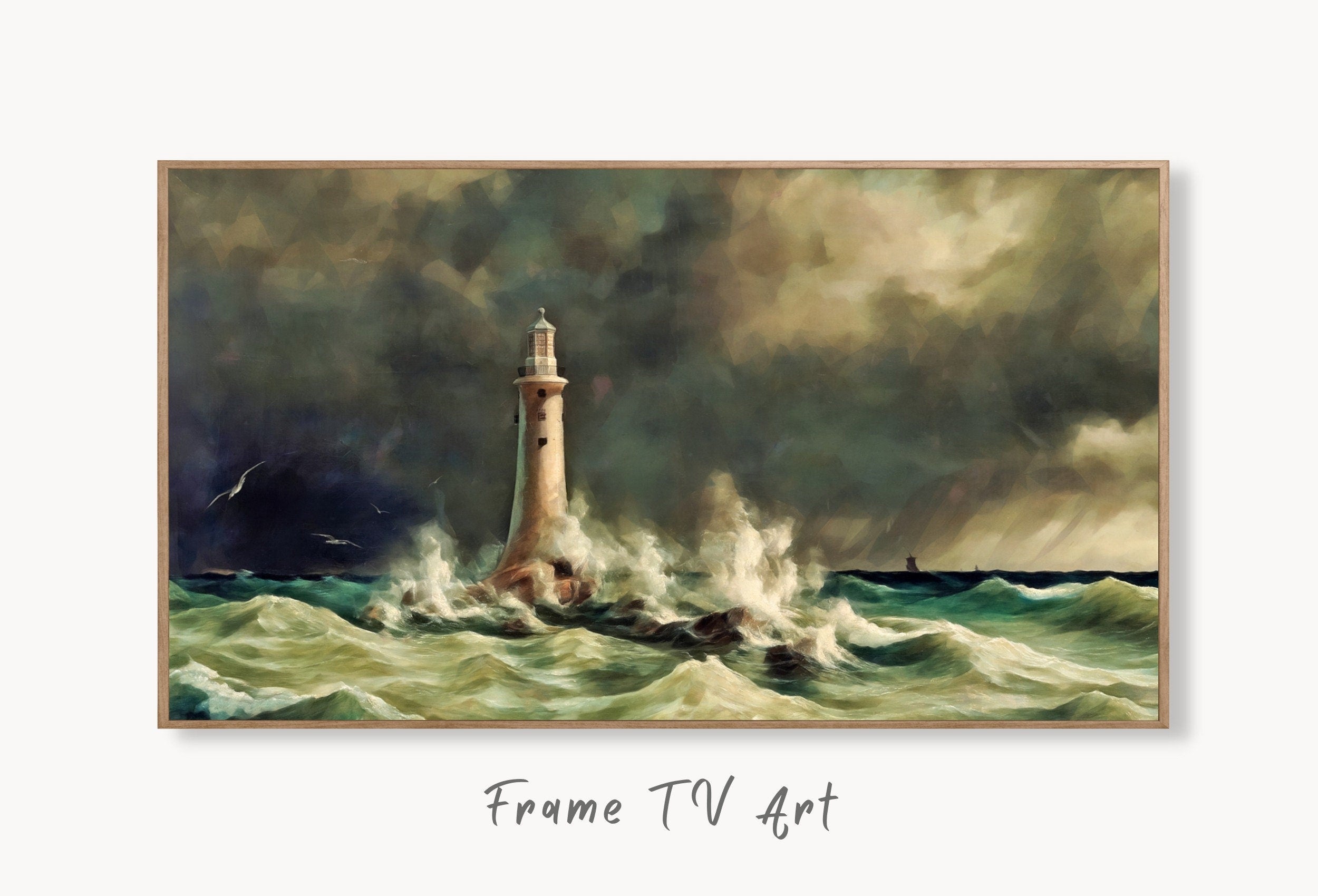 Lighthouse in a Storm at Sea, Frame TV Art, Digital Download, Digital Art for TV, Coastal Wall Art, Ocean Artwork for The Frame TV