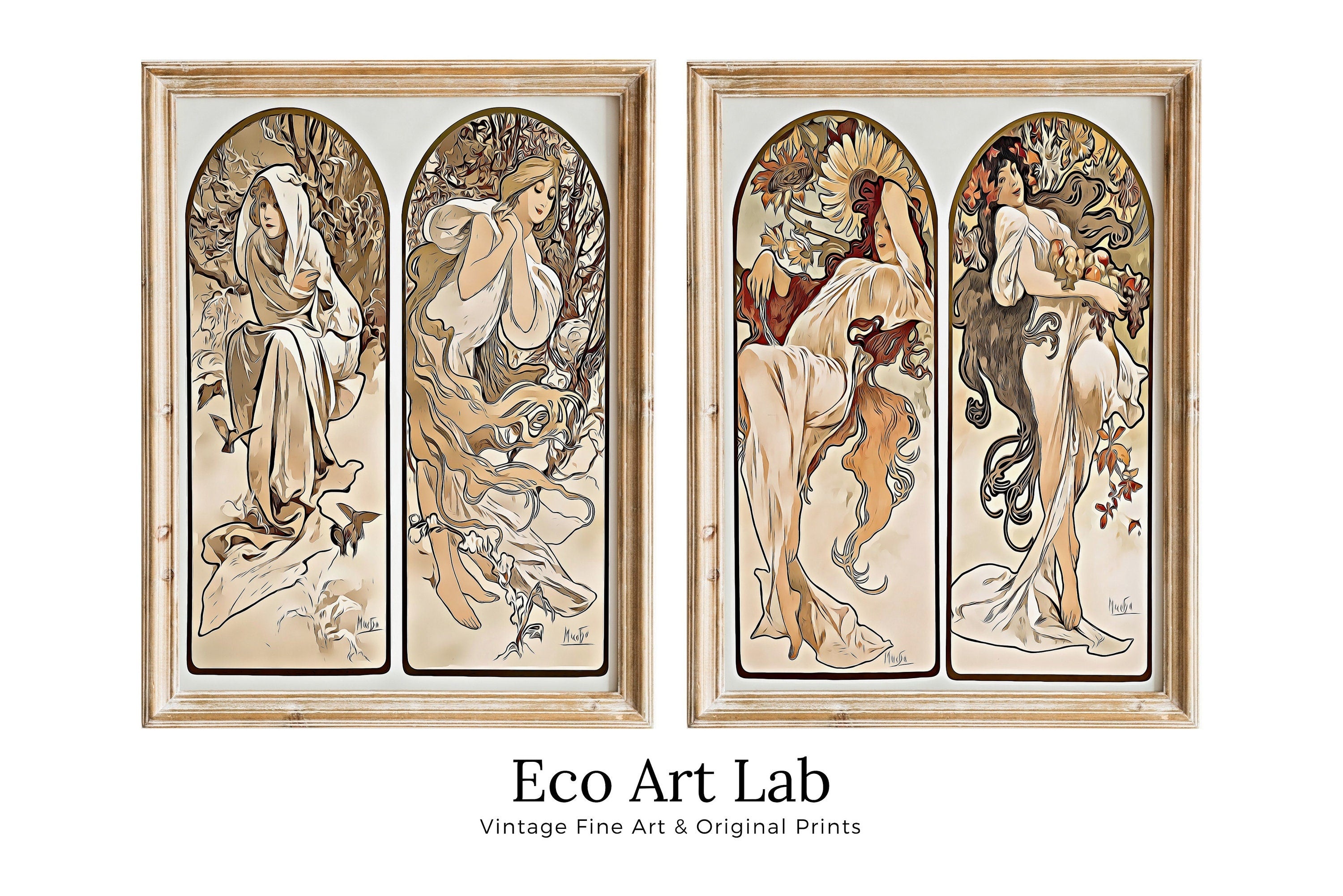 Art Nouveau Print Set of 2 Vintage Painting Famous Art Prints. Reworked Art Nouveau Poster, Seasons Women Illustration. Printable Wall Art