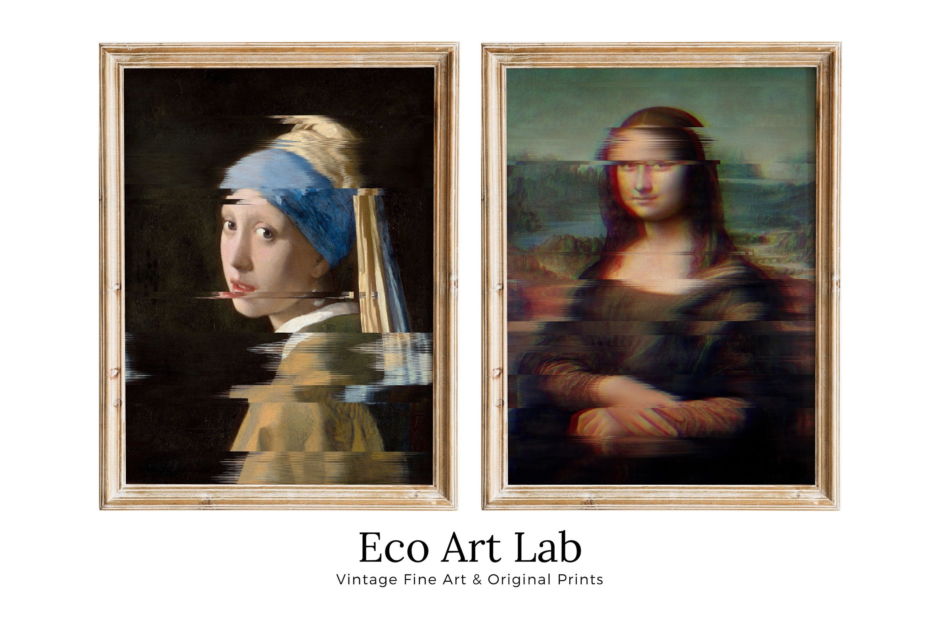 Glitch Art Altered Classic Painting Set of 2 Prints. Girl w Pearl Earring & Mona Lisa. Printable Altered Vintage Famous Classic Art Prints.