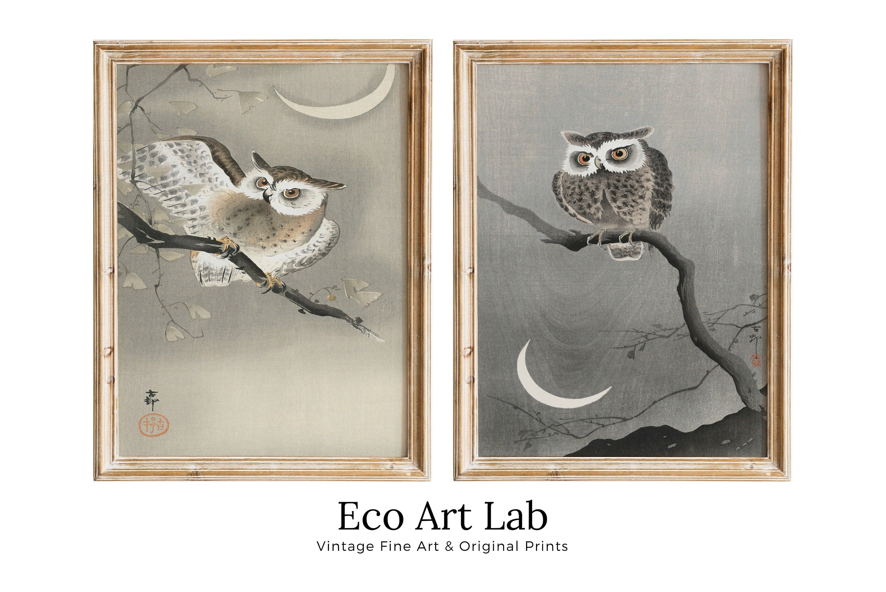 Owl Paintings Vintage Japanese Art Posters. Set of 2 Prints Instant Download Owl on Branch Japanese Owl Painting. Printable Japanese Owl Art