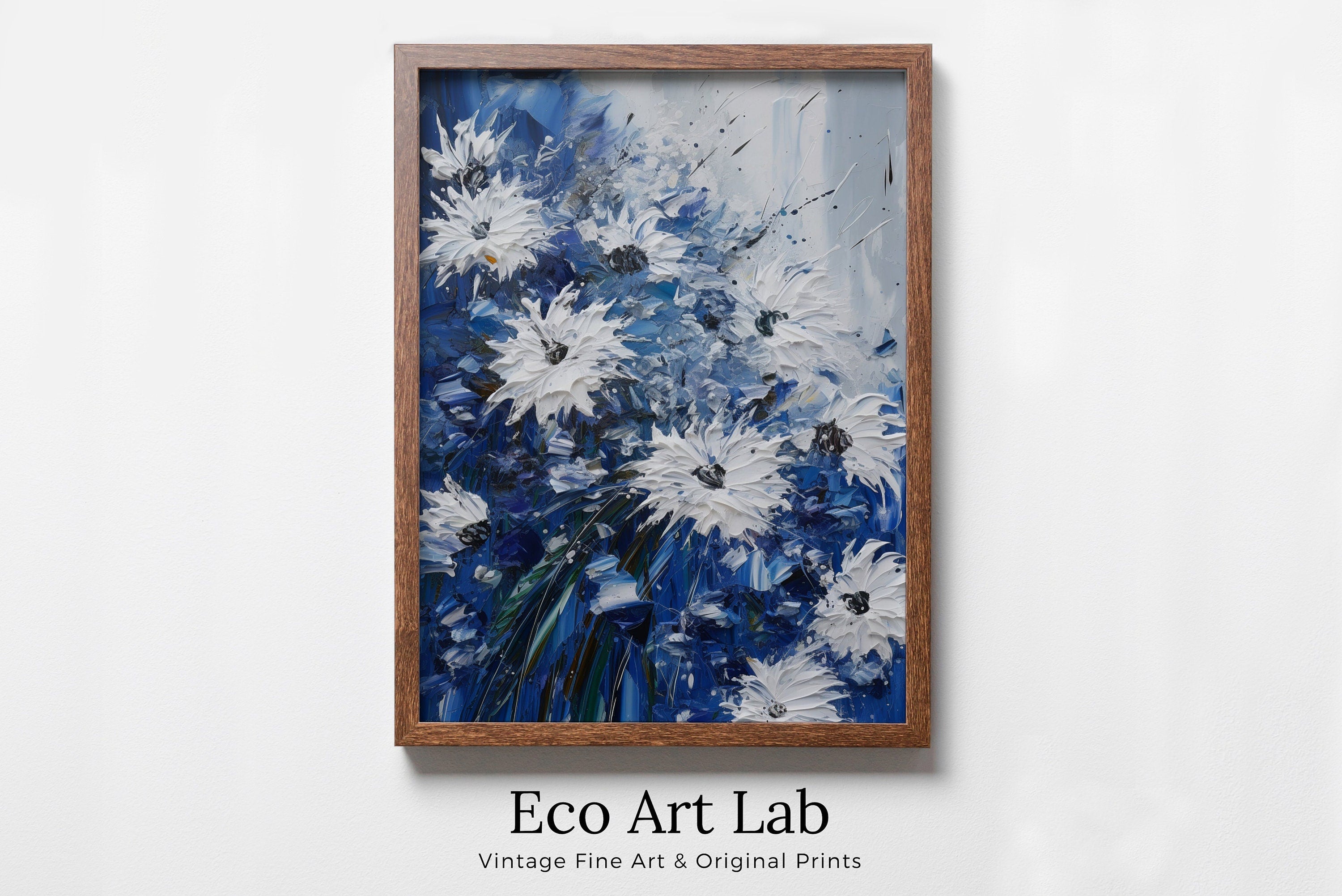White & Blue Flowers Print. Textured Floral Wall Decor. Abstract Flower Printable Wall Art. Texture Modern Flower Painting. Instant Download