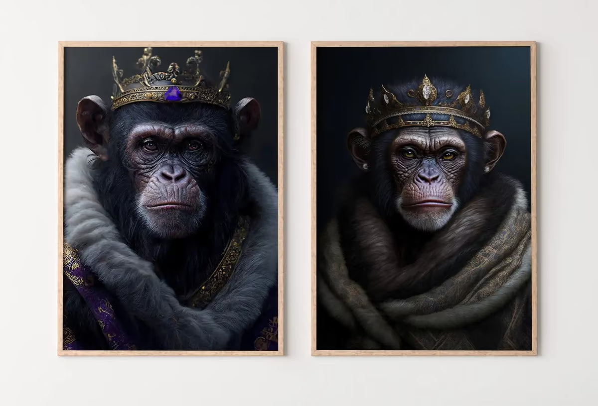 King & Queen Chimps Set of 2 Prints. Digital Painting Printable Wall Art. Couple Monkeys Poster. 2 Piece Wall Art Contemporary Animal Art – Printable Wall Art Set