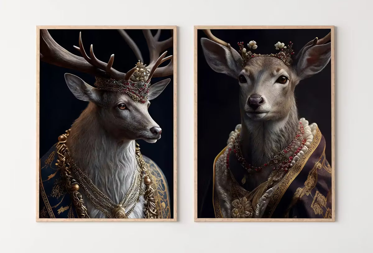King & Queen Deer Set of 2 Prints. Digital Painting Printable Wall Art. Couple Deer Poster. 2 Piece Wall Art. Contemporary Animal Art – Printable Wall Art Set