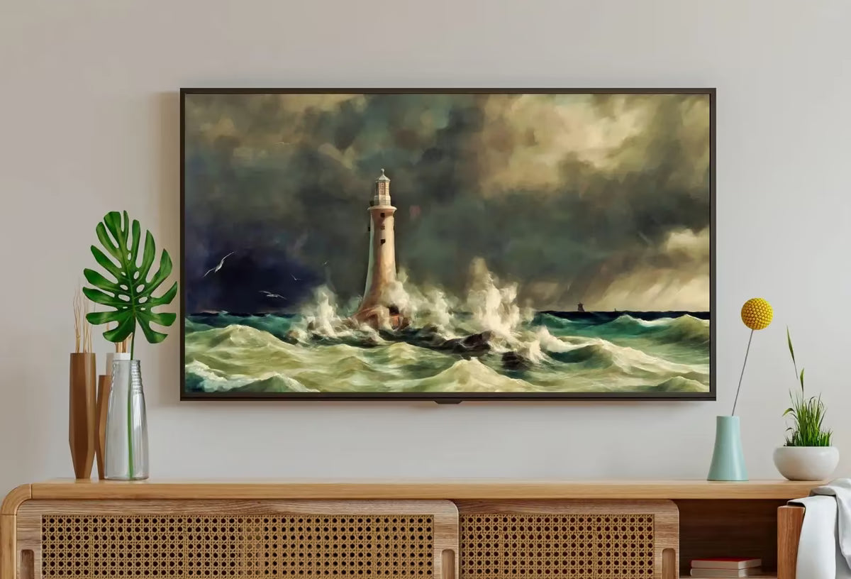 Lighthouse in a Storm at Sea, Frame TV Art, , Digital Art for TV, Coastal Wall Art, Ocean Artwork for The Frame TV – Frame TV Art