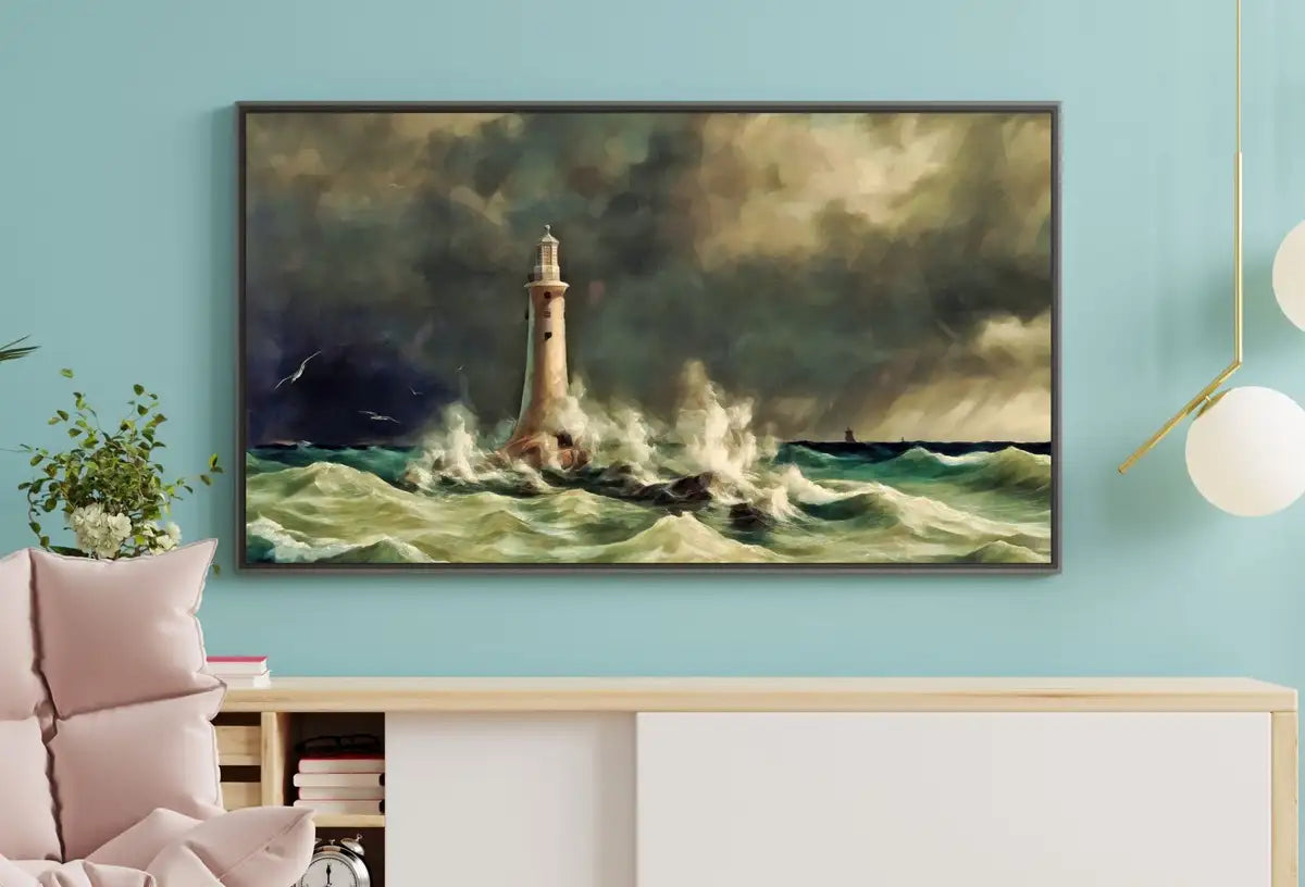 Detail view of artwork from Lighthouse in a Storm at Sea, Frame TV Art, Digital Download, Digital Art for TV, Coastal Wall Art, Ocean Artwork for The Frame TV. (variation 2)