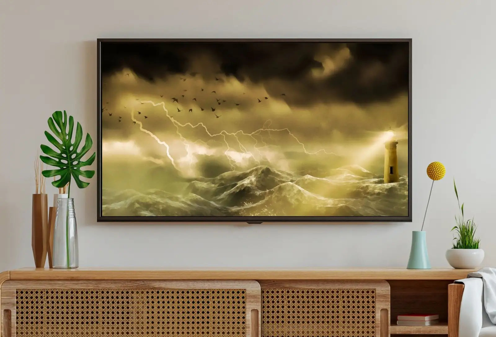 Detail view of artwork from Lighthouse in a Stormy Sea Frame TV Art, Digital Download. Digital Art for TV: Coastal Wall Art, Ocean Artwork for The Frame TV. (variation 1)