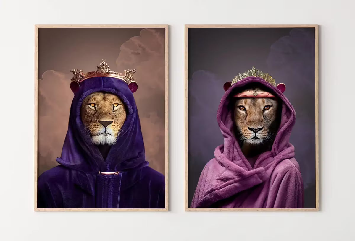 Lions King & Queen Set of 2 Prints. Digital Paintings Printable Wall Art. Couple Lion Poster. 2 Piece Wall Art. Contemporary Lions Portraits – Printable Wall Art Set