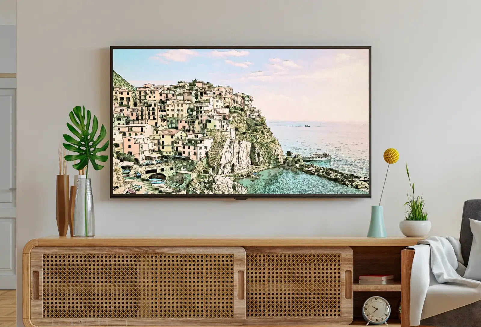 Included artwork preview showing first selection of artworks from Manarola Italy Wall Art Landscape Frame TV Art. Italy Painting, City Landscape Frame TV Art. Digital Download, Colorful Art for Frame TV.