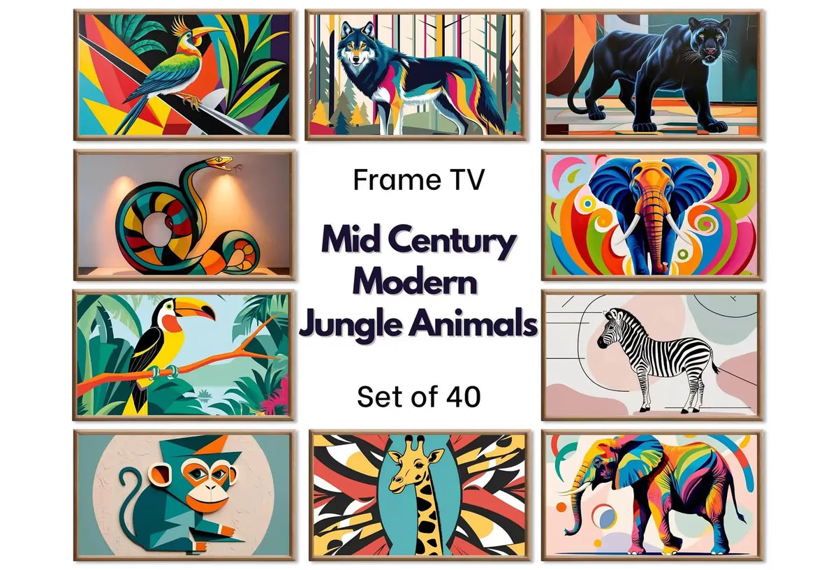 Mid Century Modern Jungle Wall Art for Samsung Frame TV – Animal Tv Art Set of 40 – Tiger, Monkey, Lion, Panther, Elephant, Snake Artwork – Frame TV Art Set