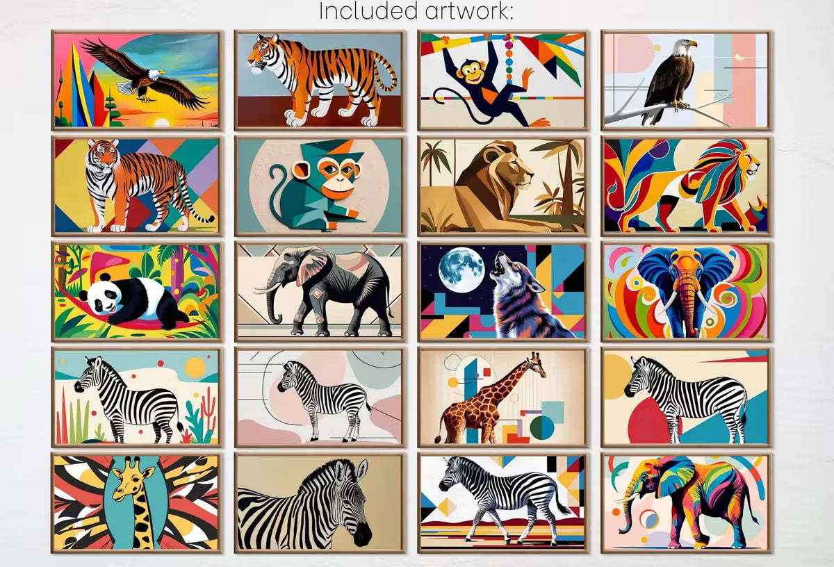 Mid Century Modern Jungle Wall Art for Samsung Frame TV – Animal Tv Art Set of 40 – Tiger, Monkey, Lion, Panther, Elephant, Snake Artwork – Frame TV Art Set