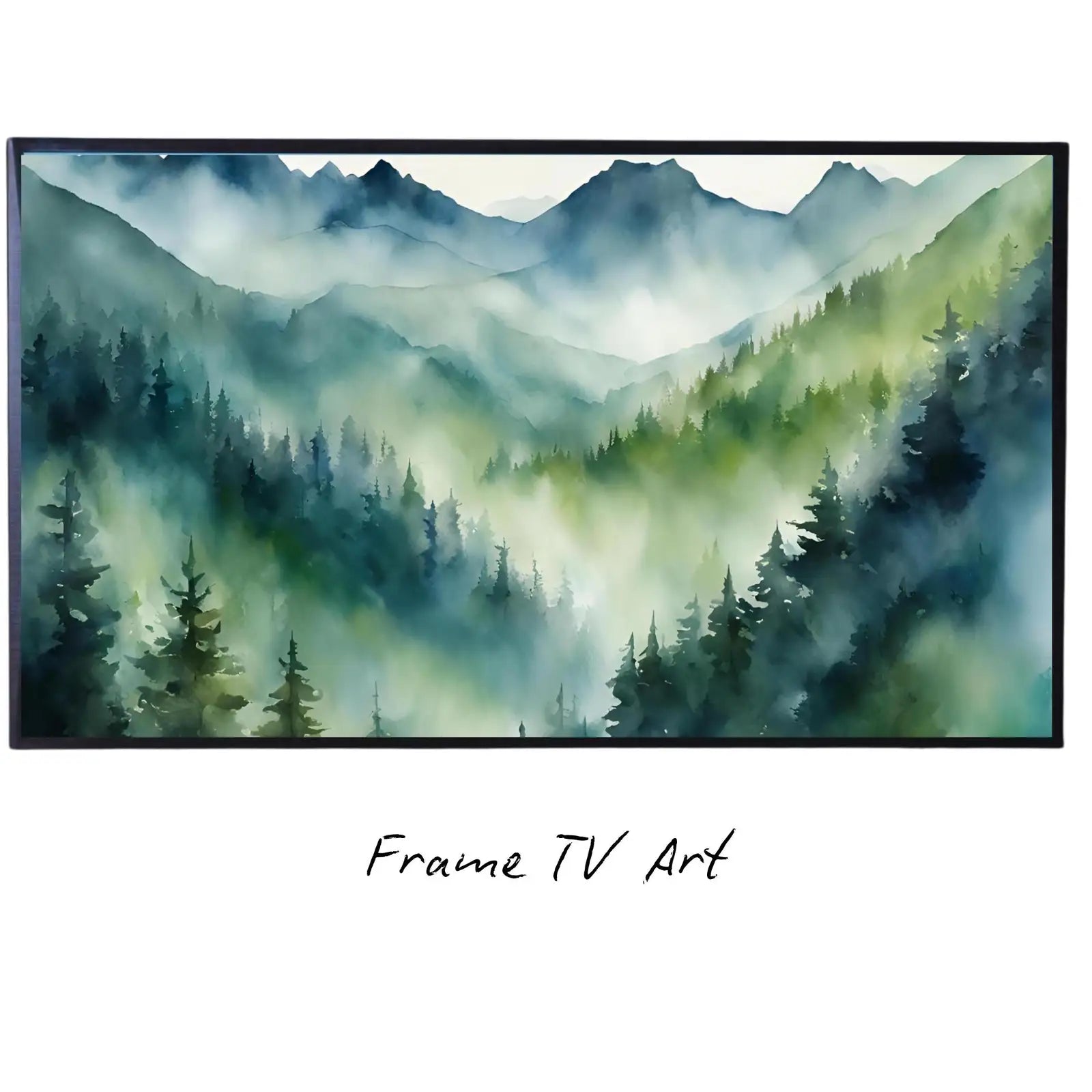 Mountain Forest Art for Samsung Frame TV I Nature Landscape Decor for Frame TV I Mountain Forest Scene Digital Download displayed on Samsung Frame TV on a living room wall.