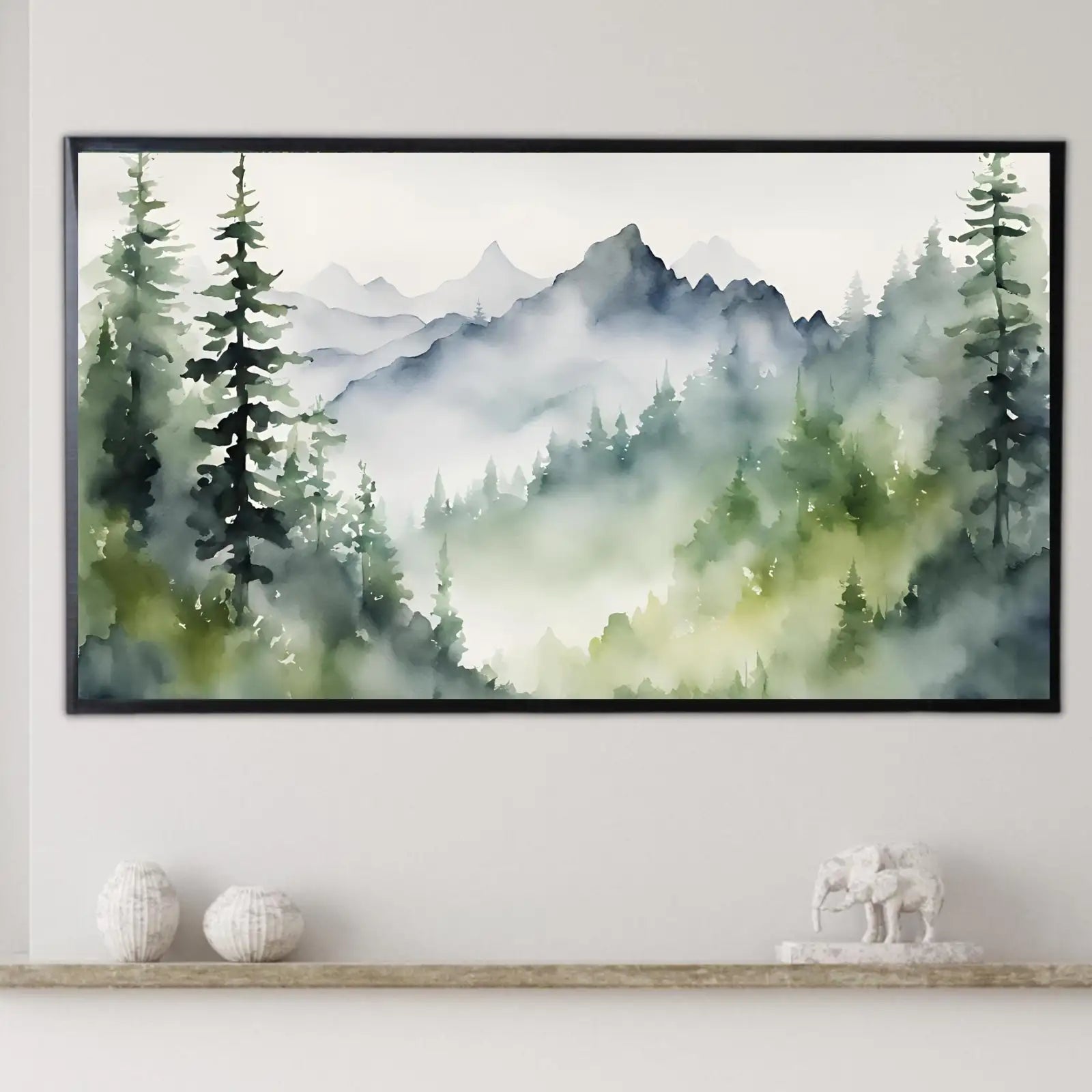 Included artwork preview showing first selection of artworks from Mountain Forest Watercolor Art. Frame TV 4K Artwork. Colorful Nature Landscape Decor..