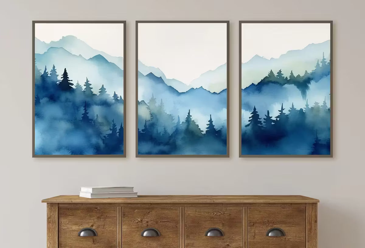 Mountain Print Set of 3 | Watercolor Blue Mountain | Abstract Landscape | Nature Print Set | Modern Minimal Decor | Pine Forest Wall Art – Printable Wall Art Set