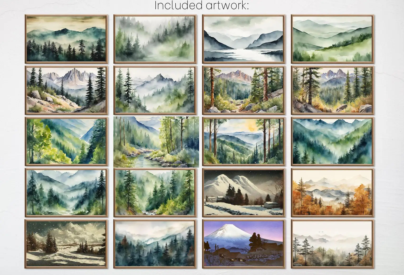 Included artwork preview showing first selection of artworks from Mountain Wall Art - Samsung Frame TV Art Set. Mountain Landscape Paintings. Original Artwork . Instant Download Frame TV Art Set of 40.