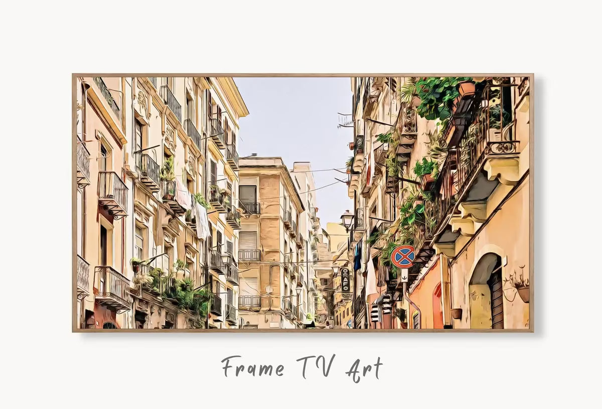 Neighborhood in Cagliari, Italy Frame TV Art. Italy Painting, City Landscape Frame TV Art. , Colorful Art for Frame TV – Frame TV  Art