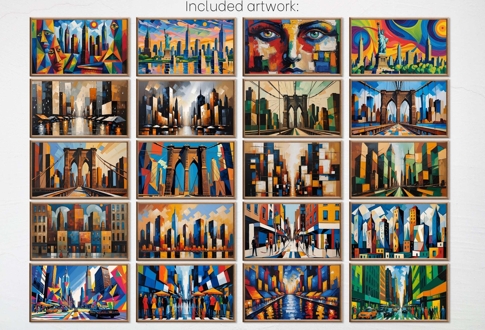 Included artwork preview showing first selection of artworks from New York Wall Art Geometric Abstracts for Samsung Frame TV.