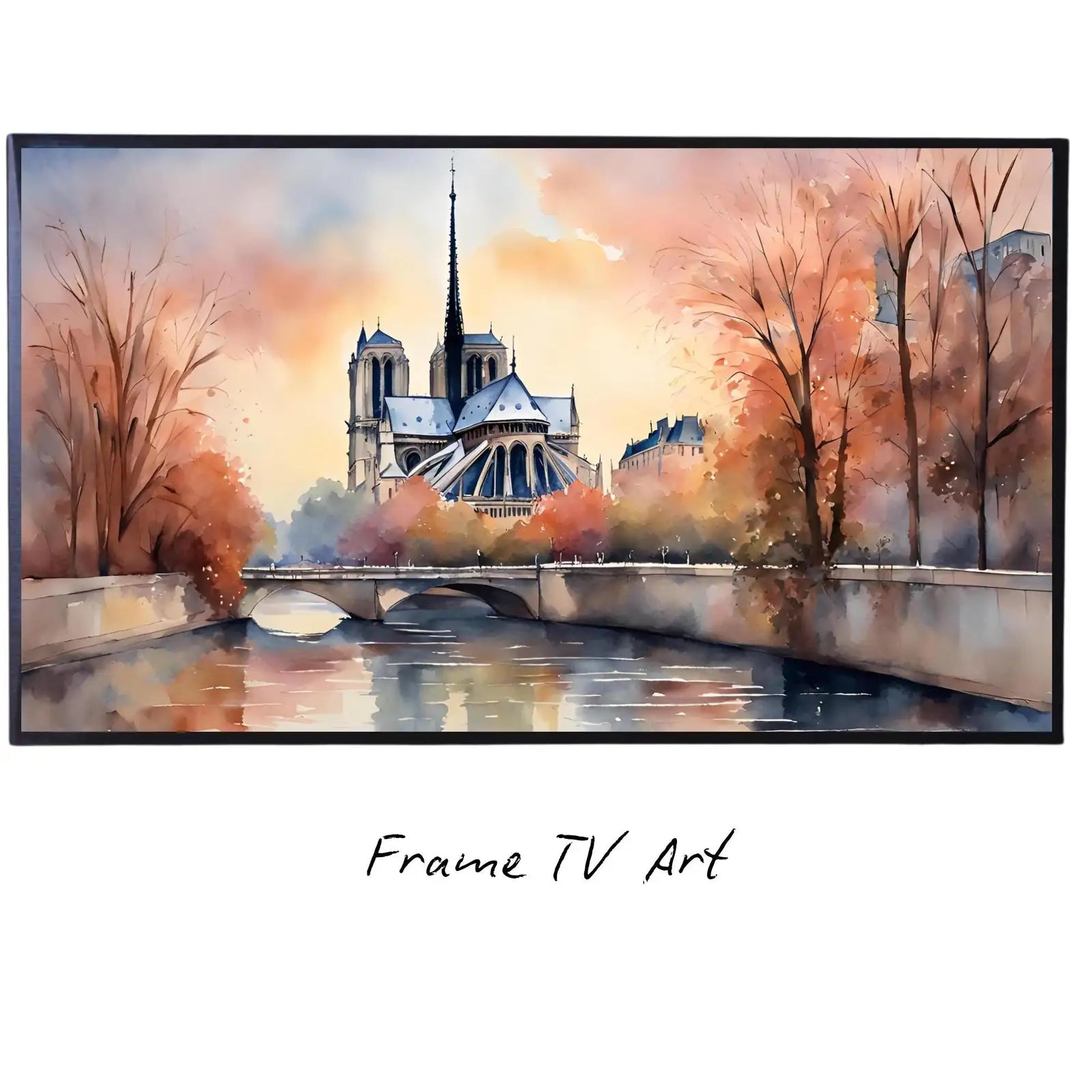 Notre Dame Art for Samsung Frame TV displayed on Samsung Frame TV on a living room wall. (variation 2)