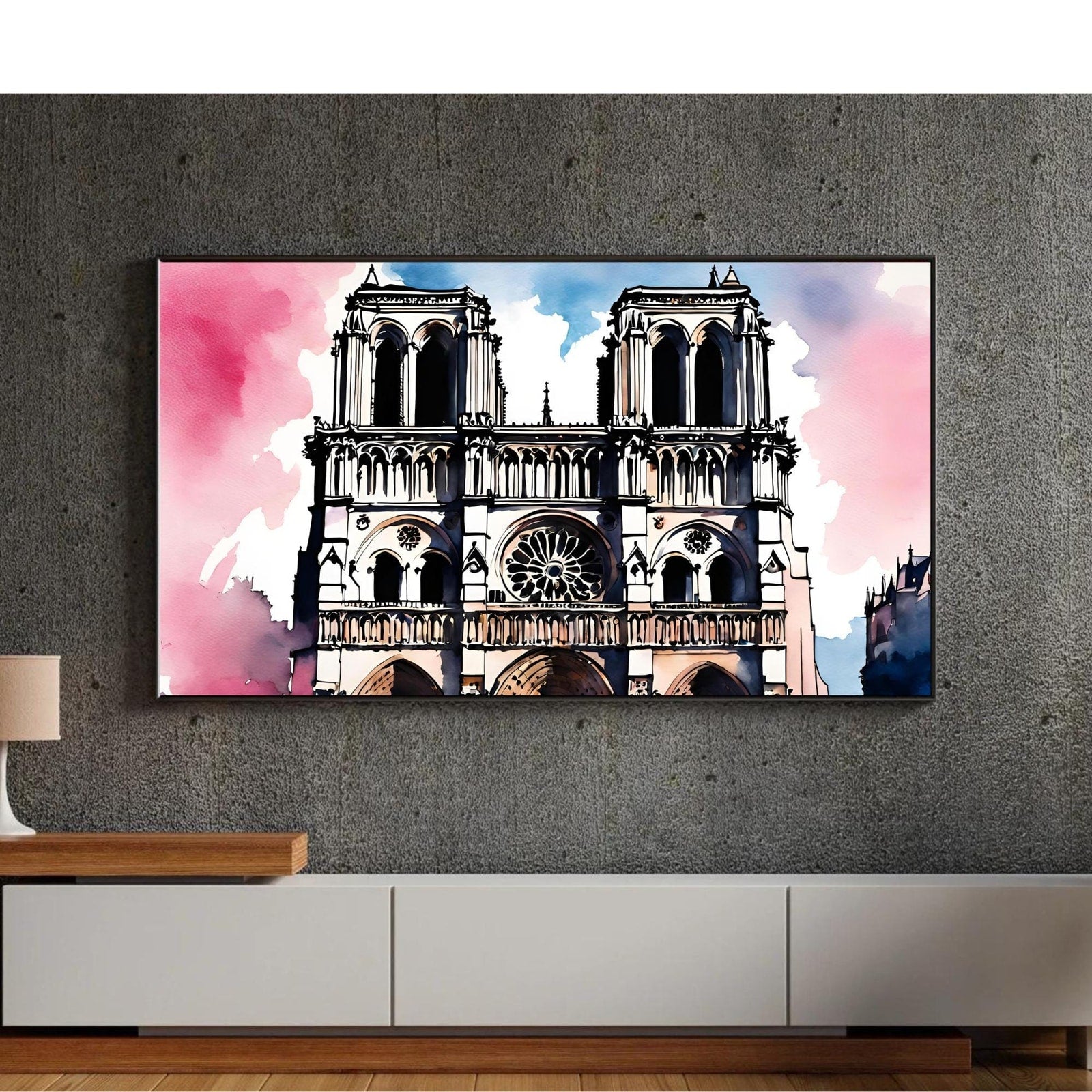 Included artwork preview showing first selection of artworks from Notre Dame Art For Samsung Frame TV I Abstract Wall Decor For Frame TV I Colorful Watercolor Design 4K Artwork.