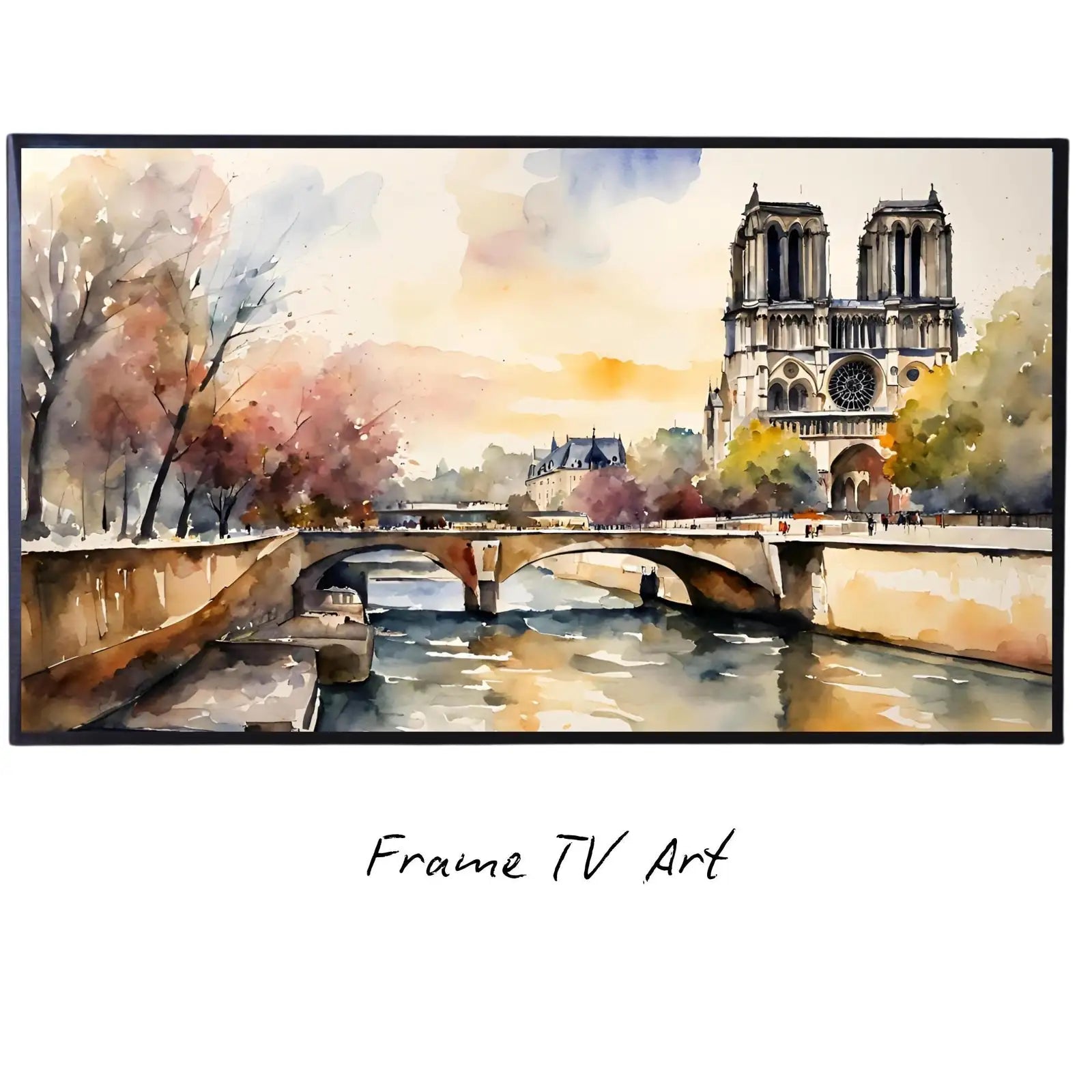 Notre Dame Art For Samsung Frame TV I Colorful Wall Cathedral Decor I 4K Artwork Frame TV Digital Art Display displayed on Samsung Frame TV on a living room wall.
