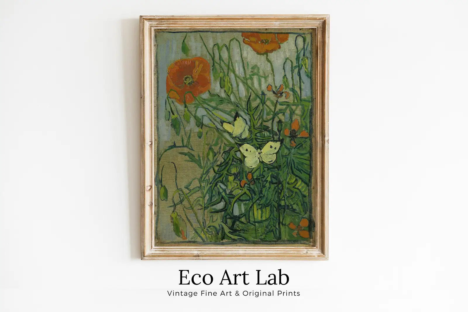 Framed view of Poppies & Butterflies Famous van Gogh Painting Art Print. Instant Download. Floral Printable van Gogh Fine Art. Vintage Botanical Art. – printable wall art digital download.
