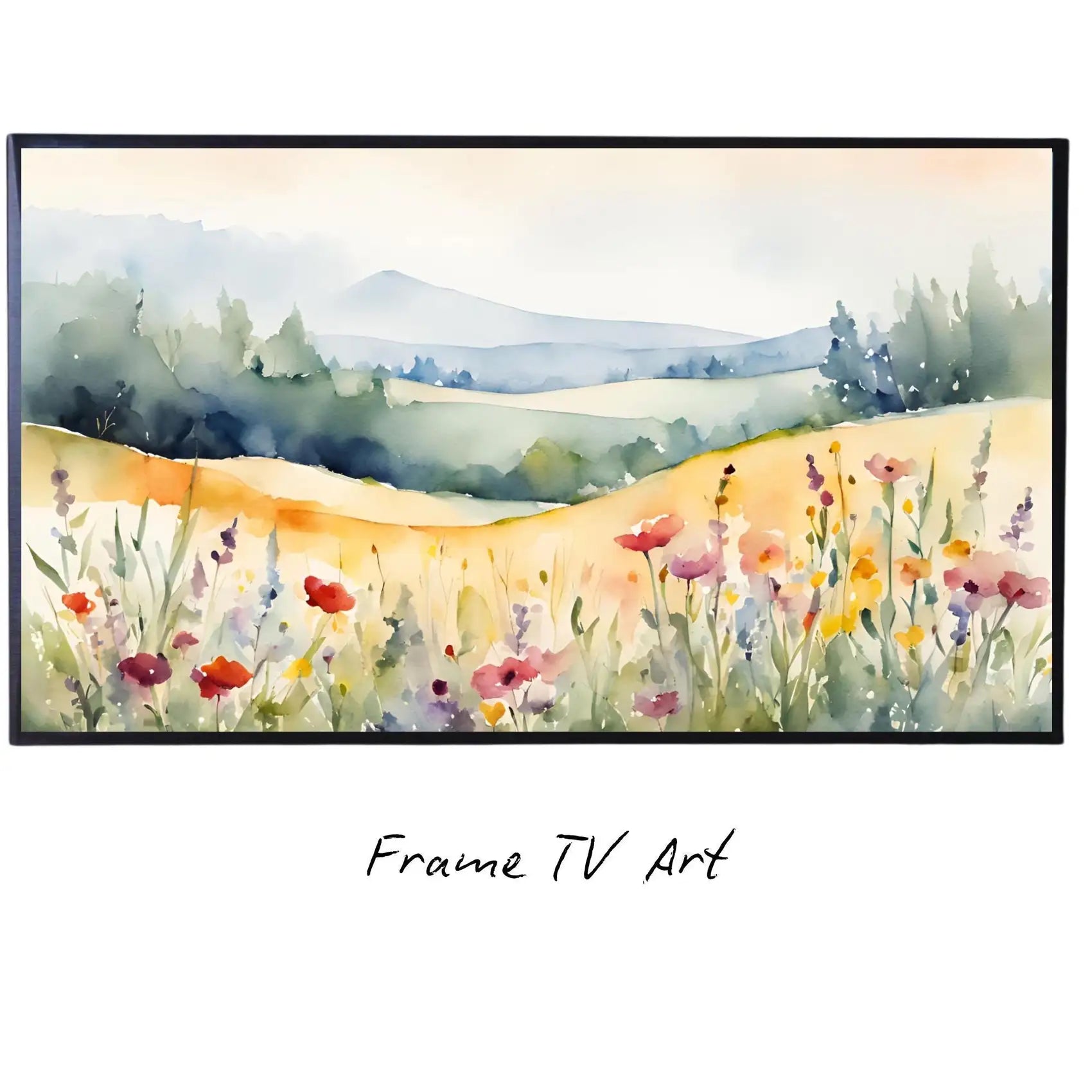 Poppies Wildflowers Wall Art. Watercolor Minimalist Floral Decor. Unique Frame TV Art For Samsung Frame TV displayed on Samsung Frame TV on a living room wall.