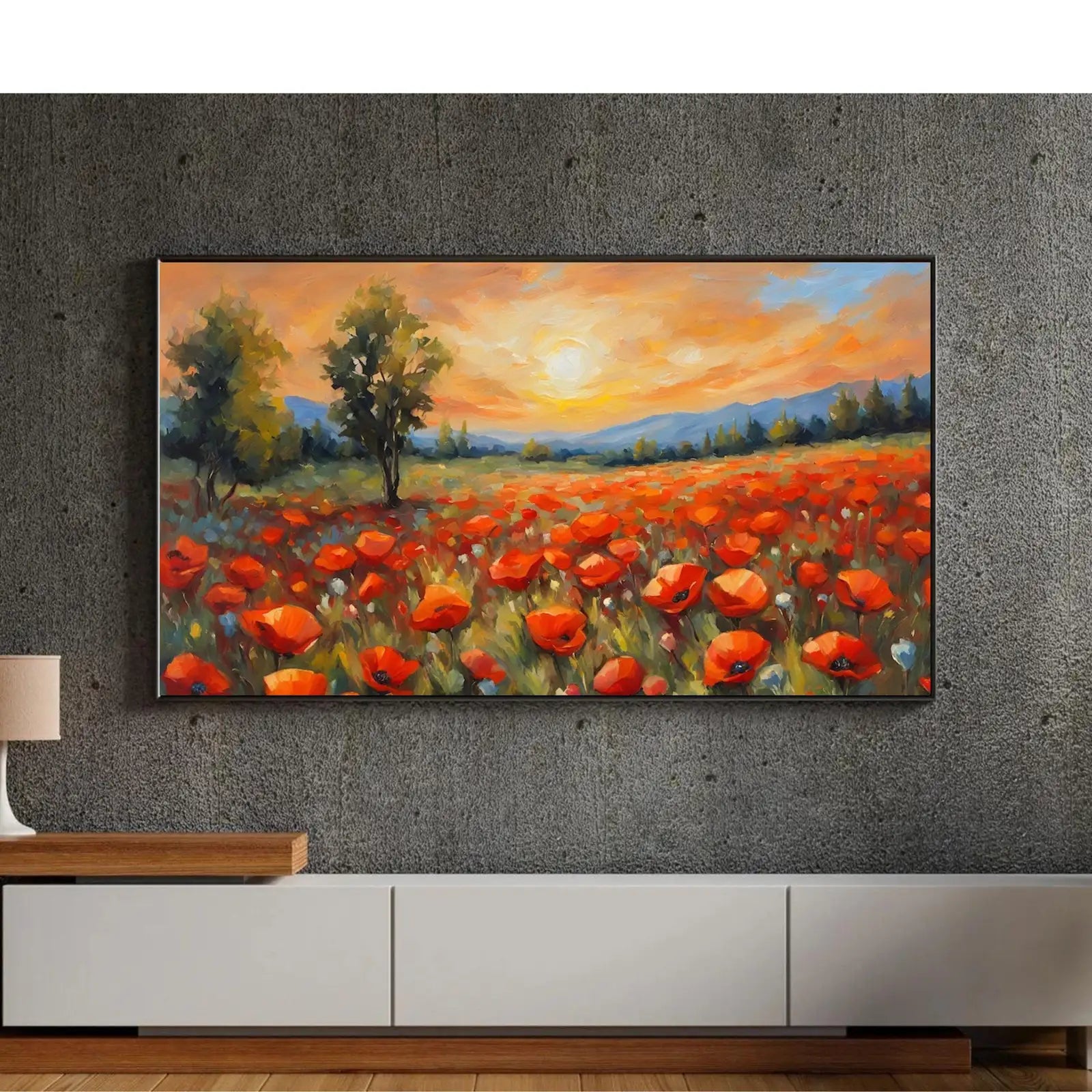 Included artwork preview showing first selection of artworks from Poppy Field Art For Frame TV. Wildflowers Decor For Samsung Frame TV. Modern Landscape 4K Image For Artistic Display.