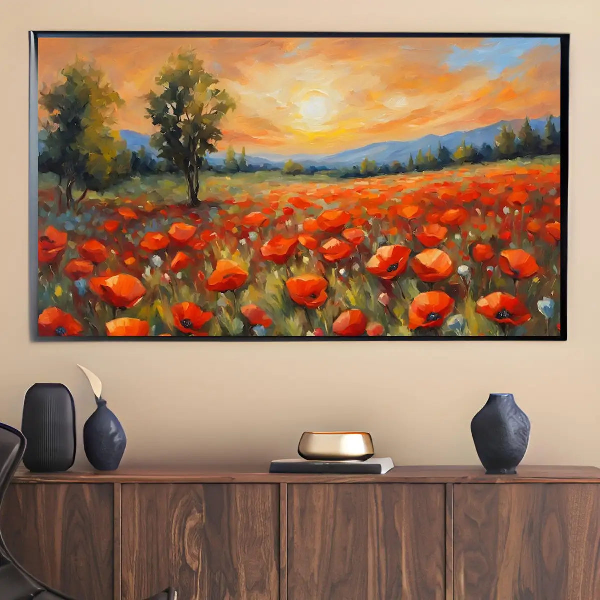 Detail view of artwork from Poppy Field Art For Frame TV. Wildflowers Decor For Samsung Frame TV. Modern Landscape 4K Image For Artistic Display. (variation 2)