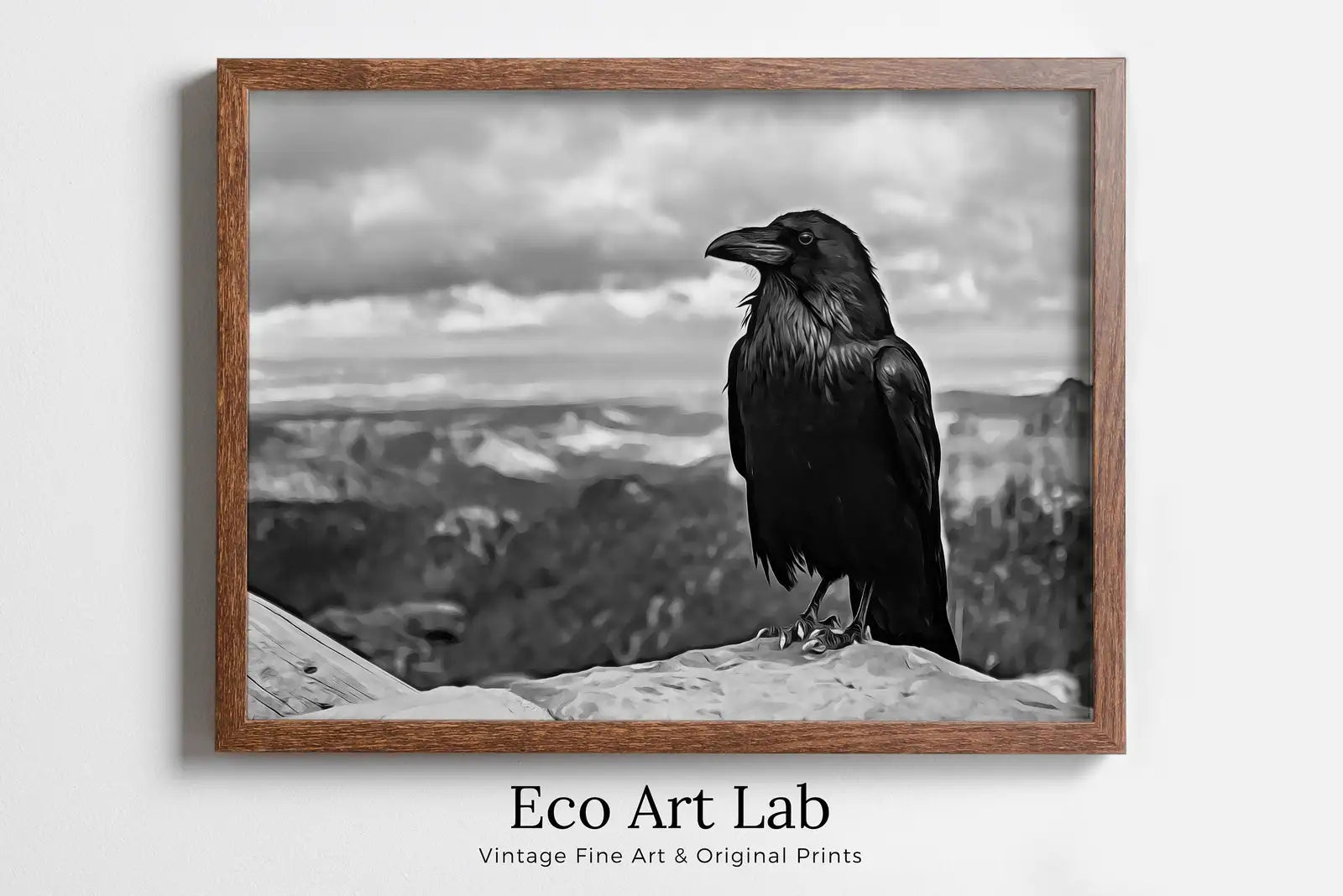 Framed view of Raven Sitting on Rock Printable Digital Painting. Instant Download Crow Painting Raven Art. Black and White Printable Wall Art Poster – printable wall art digital download.